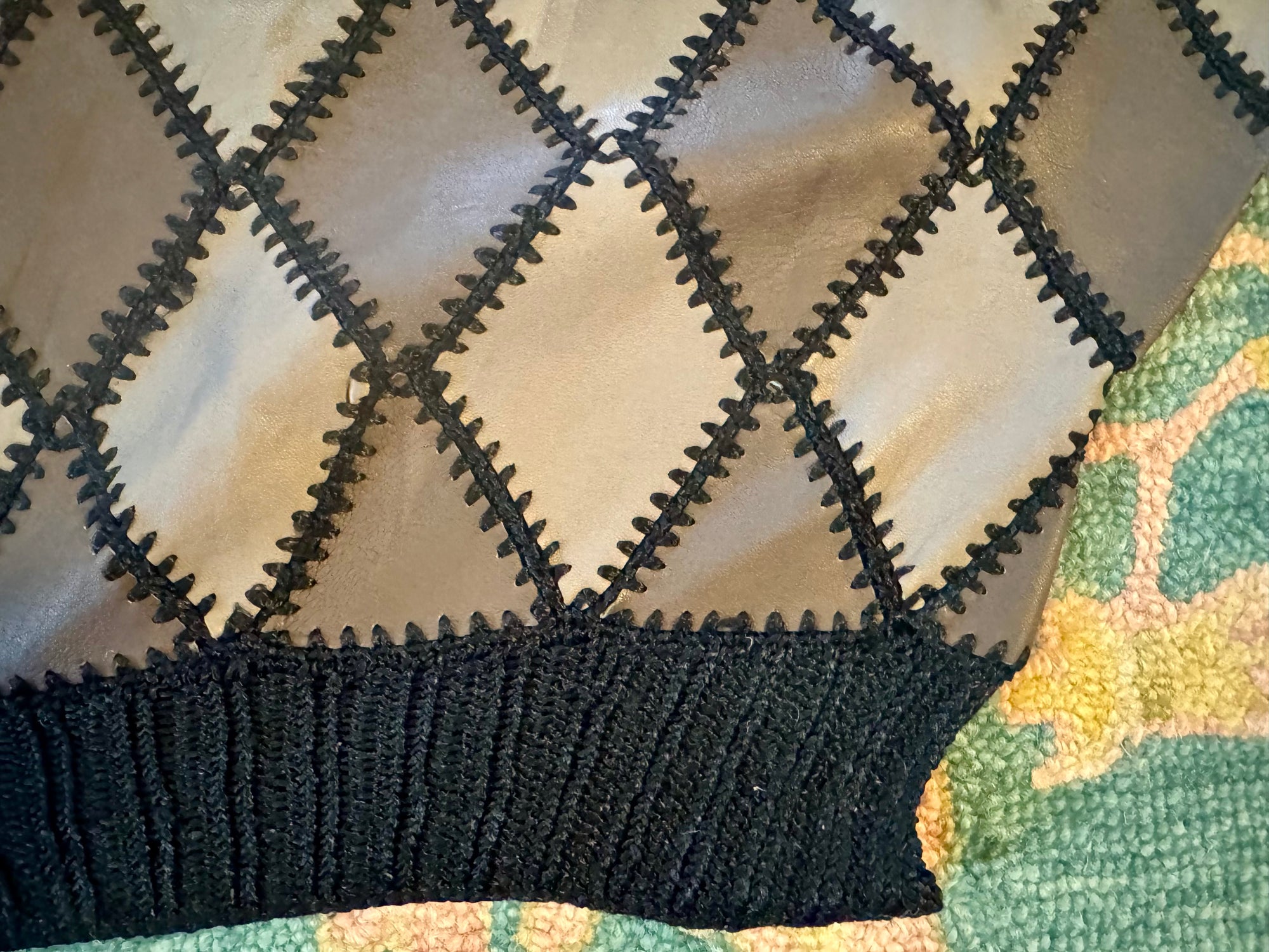 70s Patchwork Leather Crochet Harlequin Sweater Handmade 80s
