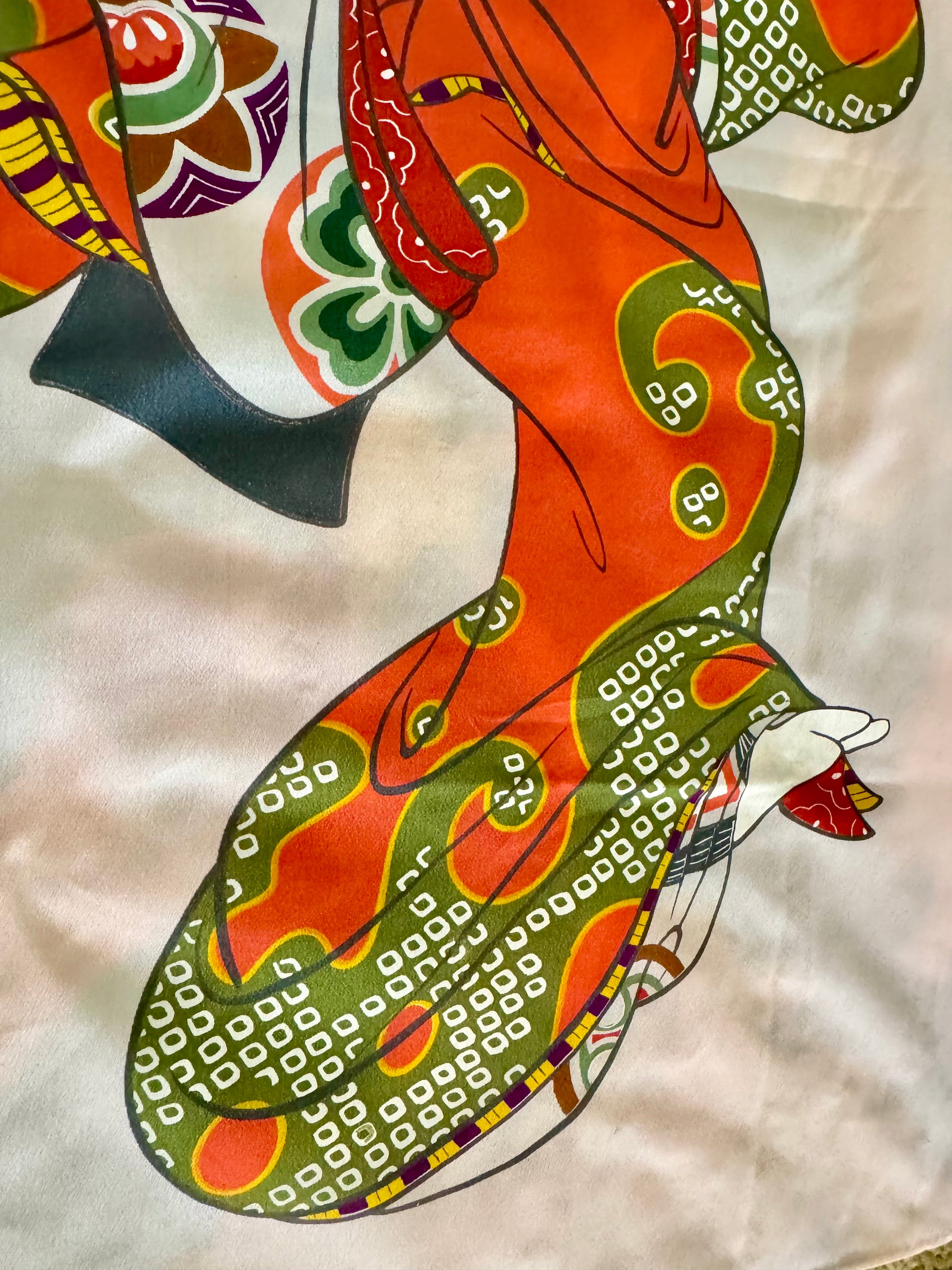 70s Japanese Pink Geisha in Red Kimono Scarf 80s