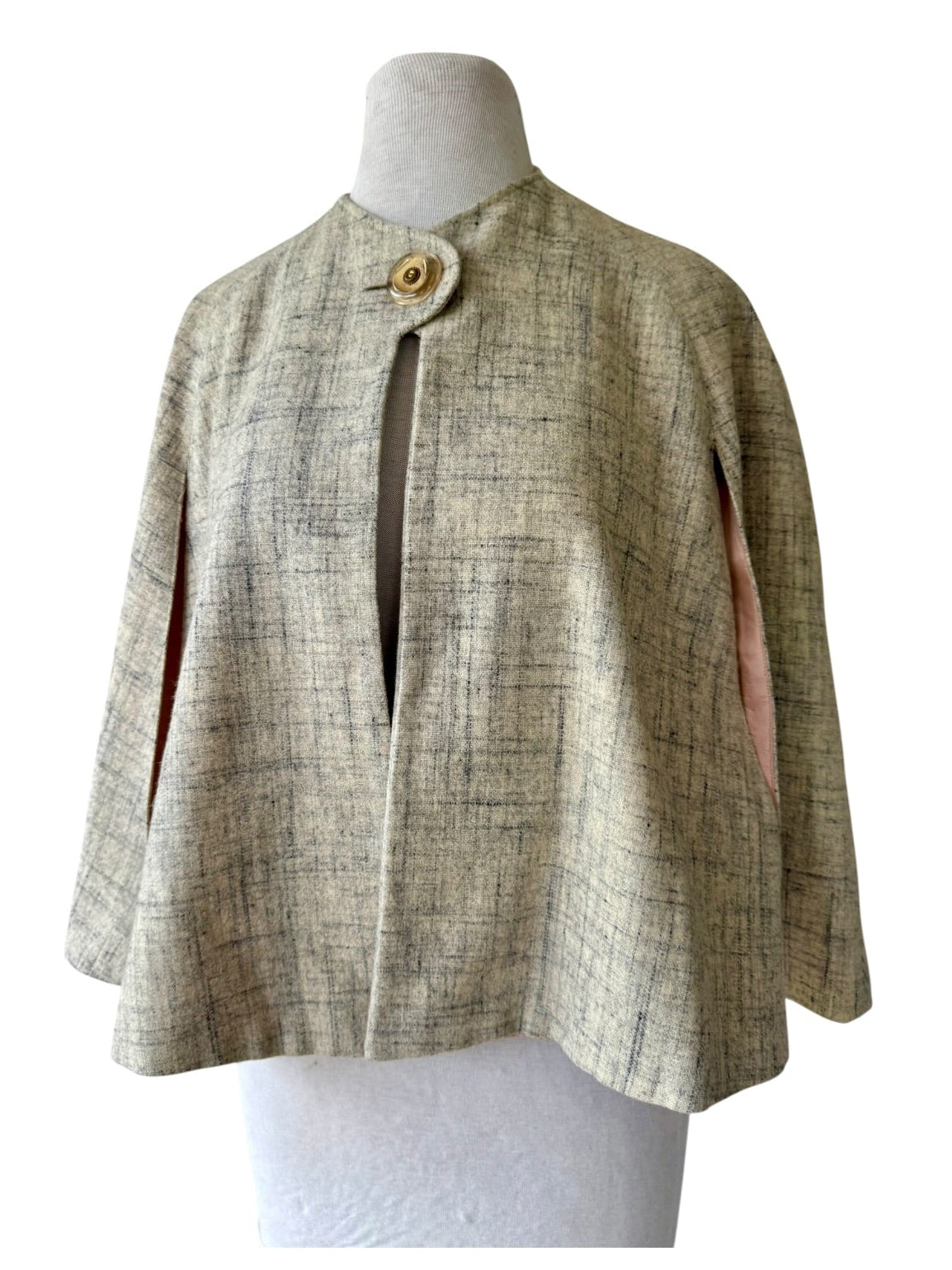 50s Tweed Cape Woven Gray Poncho Wool 60s Caplet
