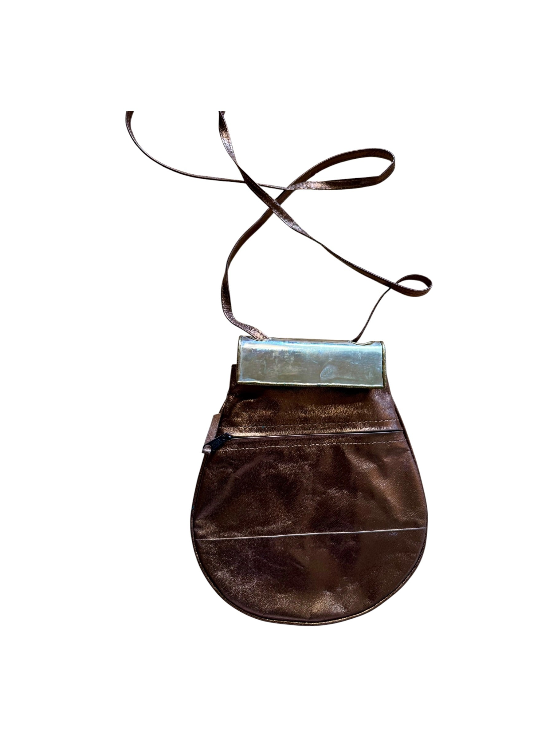 70s Brutalist Sculptural Brass Copper Pewter Gemstone Leather Crossbody Bag
