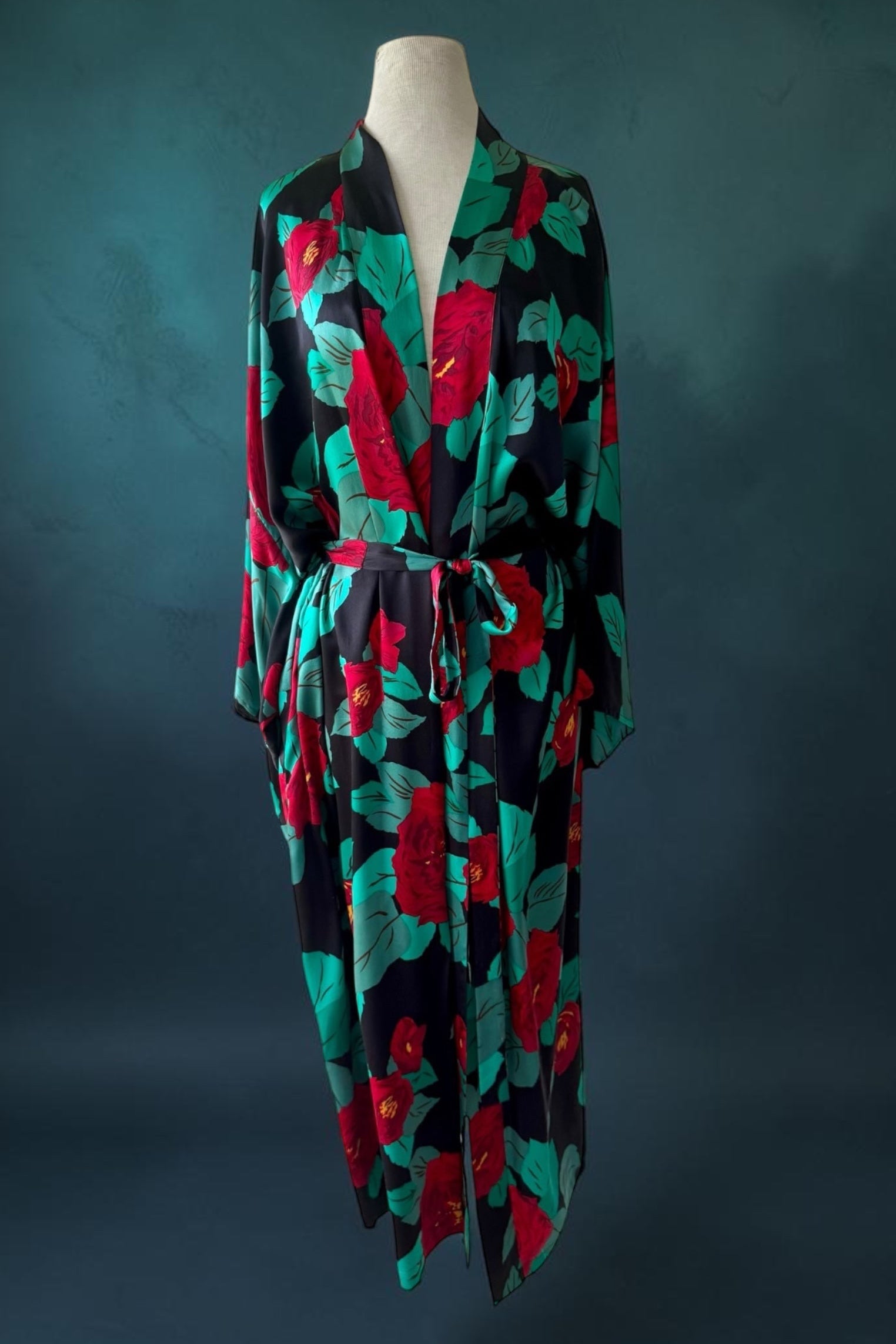 90s Victorias Secret Gold Label 100% Silk Red Rose Green Floral Kimono Robe