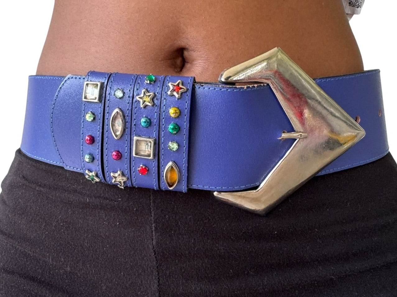 80s Periwinkle Leather Jeweled Statement Belt