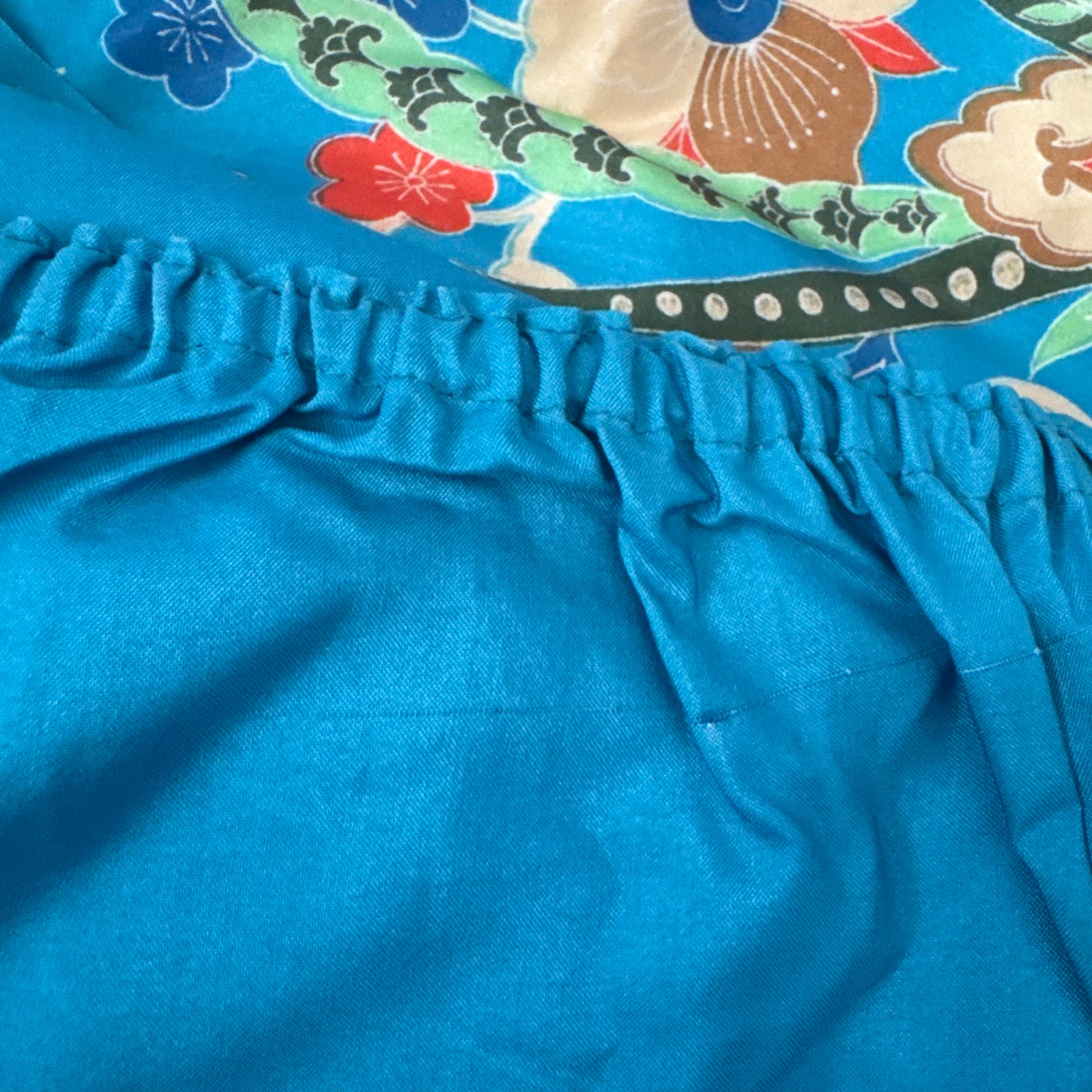 80s Teal Asian Floral Pongee Wide Leg Palazzo Ankle Pants Lounge