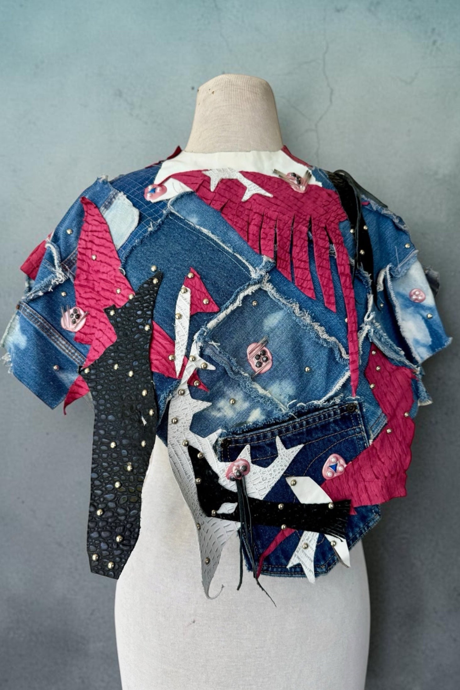 90s Patchwork Denim Poncho Handmade Studs Leather Art Wear