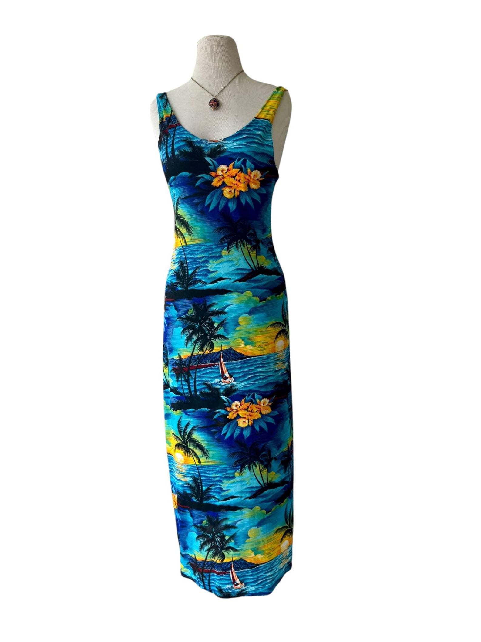 90s Hilo Hattie Blue Hawaiian Floral Knit Dress