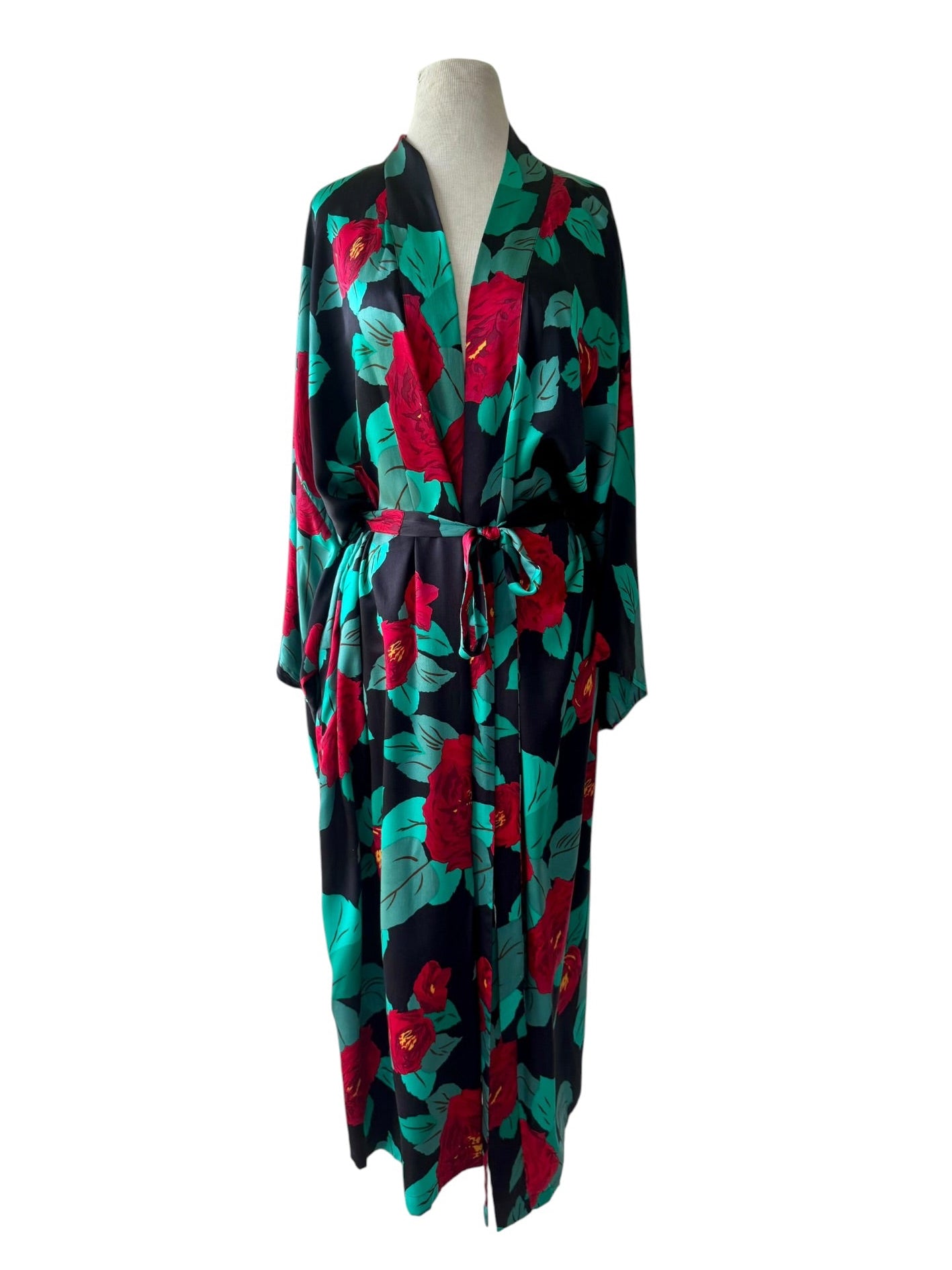 90s Victorias Secret Gold Label 100% Silk Red Rose Green Floral Kimono Robe