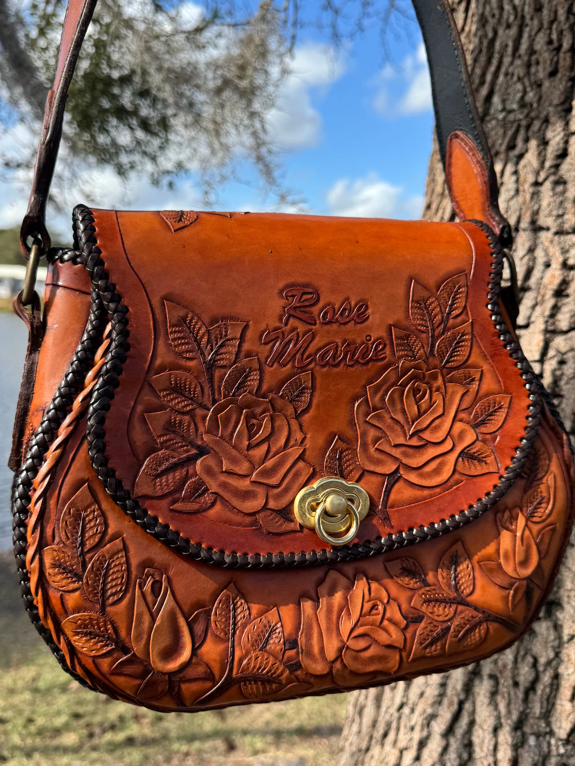 70s Hand Tooled Leather Bag Floral Satchel