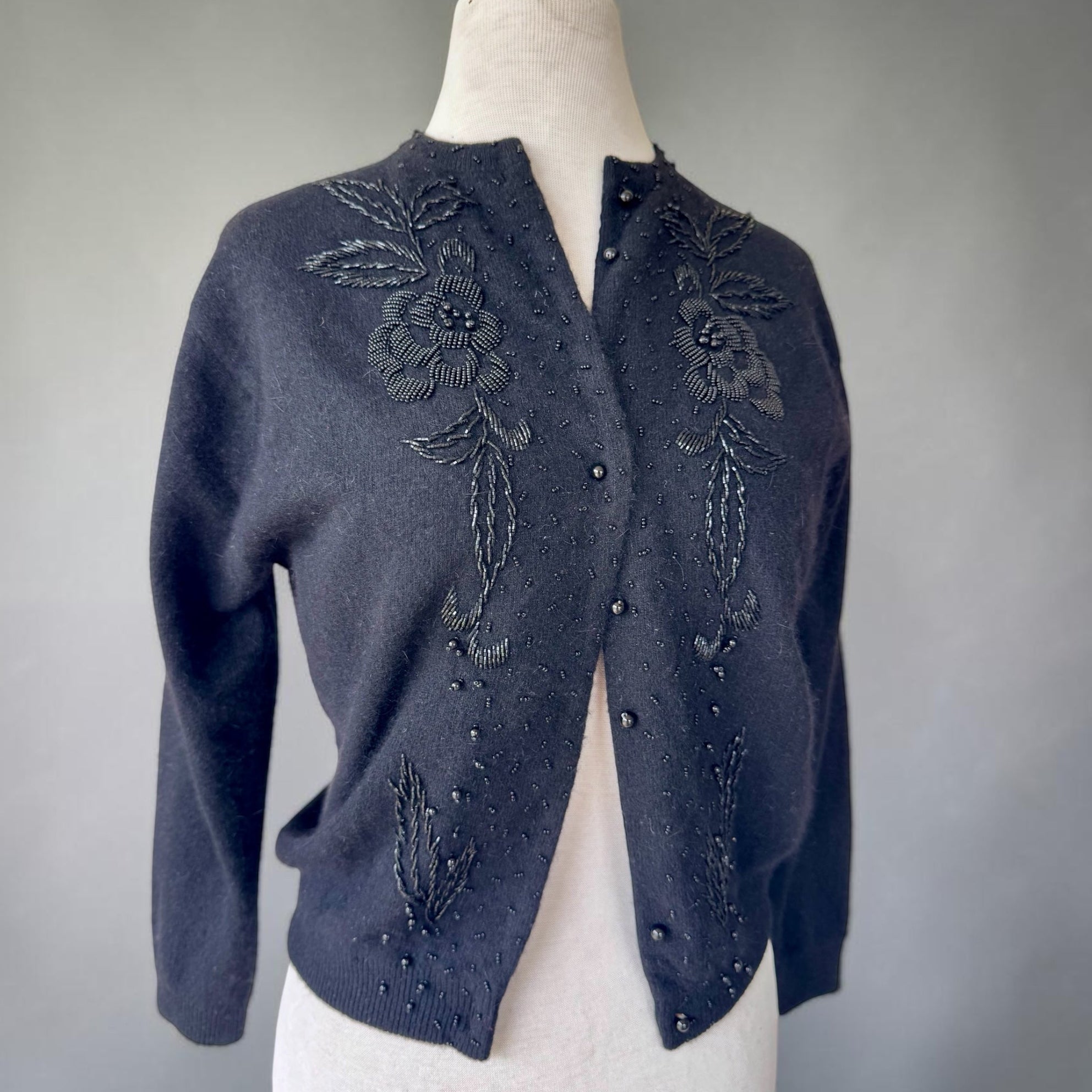 50s Primstyle Black Beaded Floral Angora Lambswool Cardigan Sweater