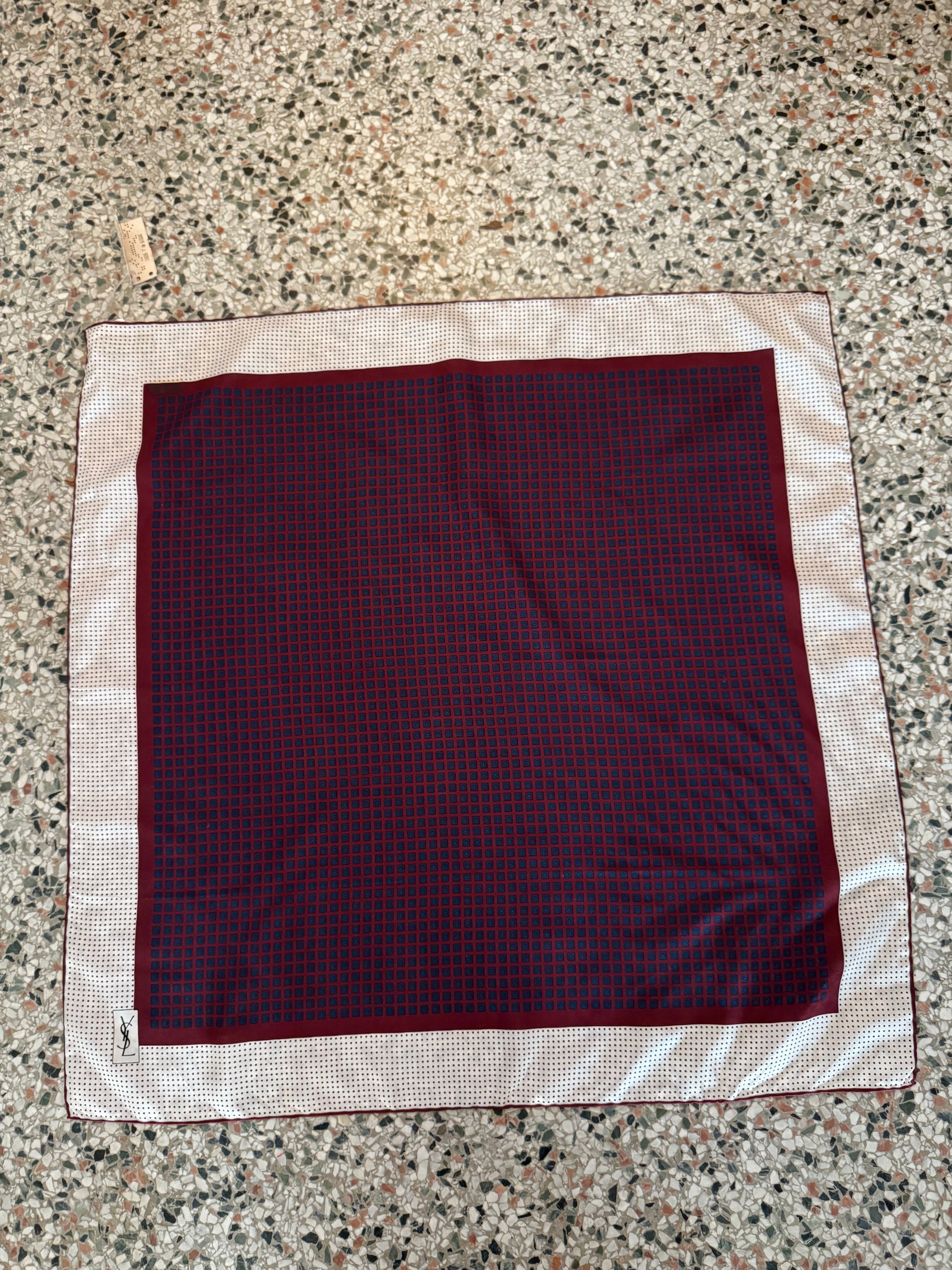 80s YSL Red Print Silk Scarf Logo Deadstock 27” Yves Saint Laurent