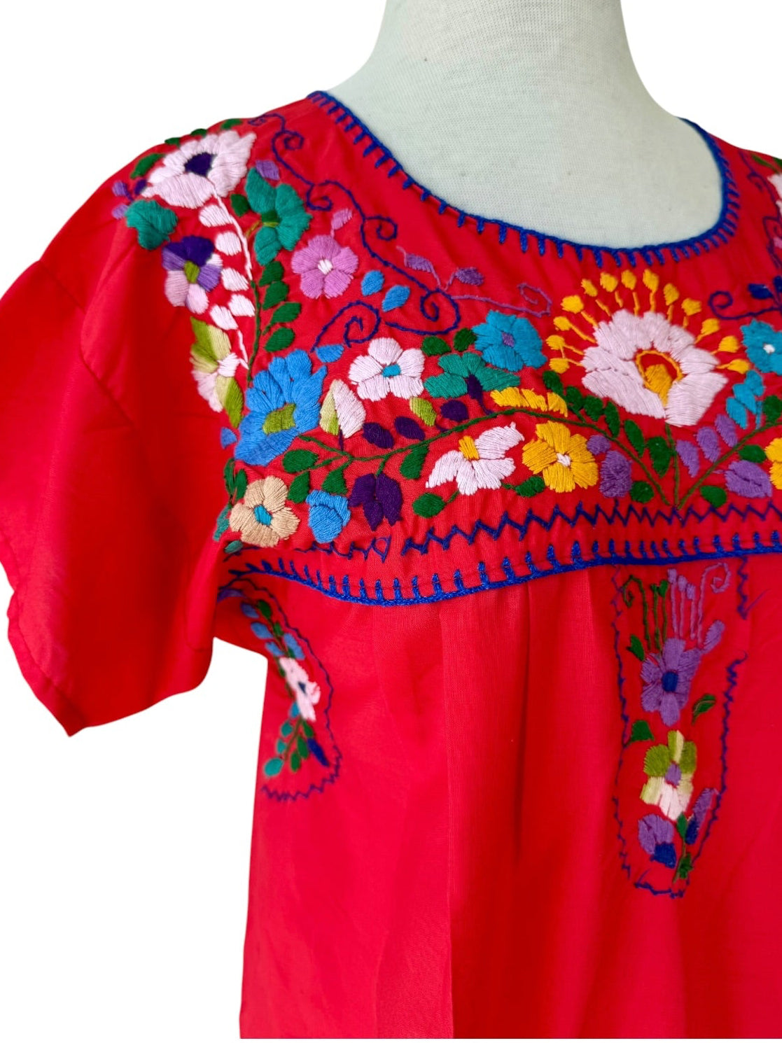 90s Mexican Oaxacan Hand Embroidered Floral Red Cotton Dress