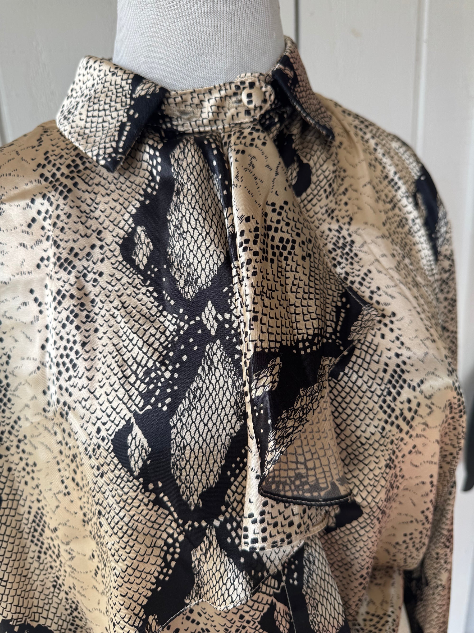 80s Satin Snakeskin Print Ascot Blouse Reptile