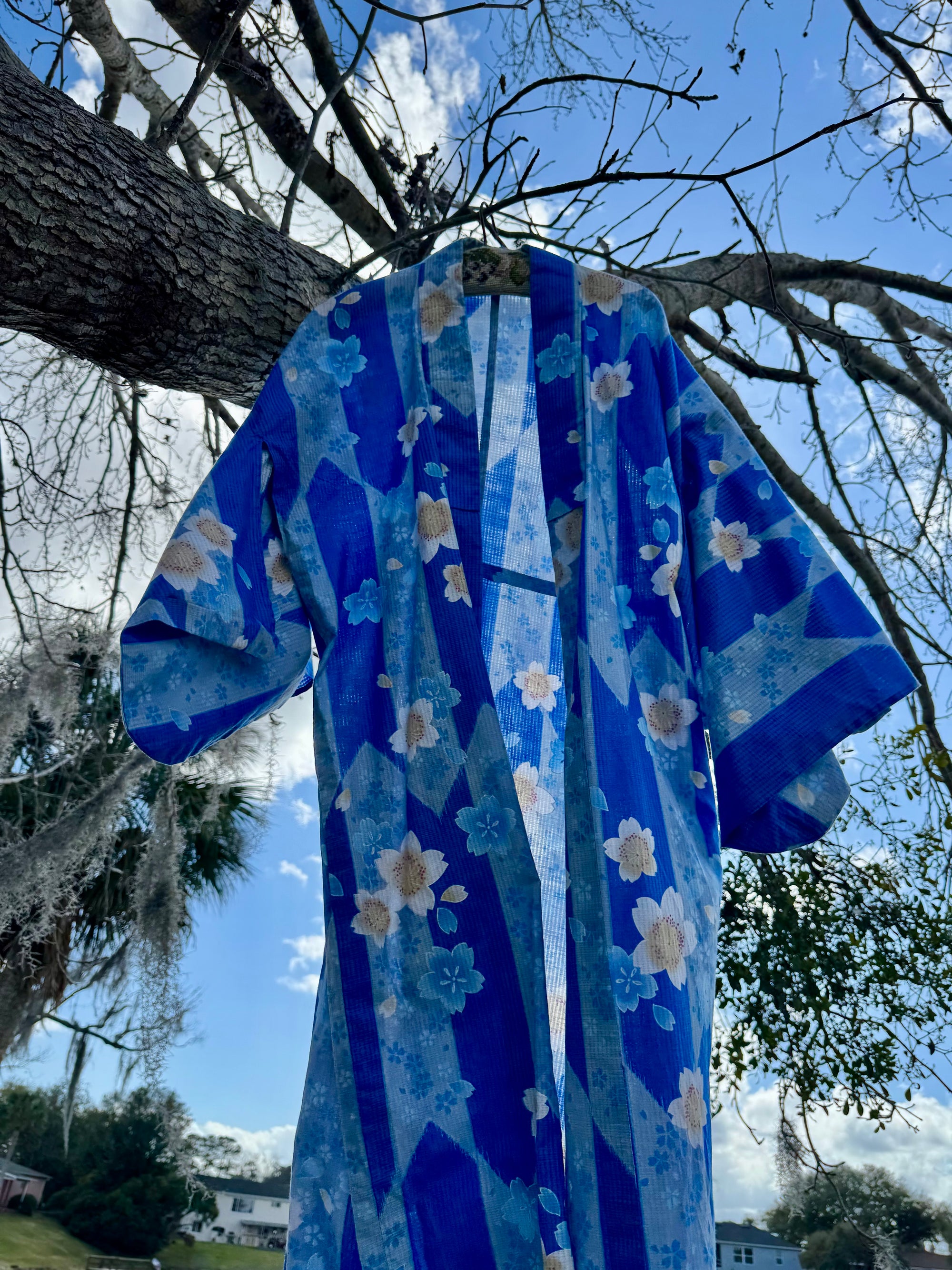 70s Cherry Blossom Kimono Robe Blue Floral Yukata