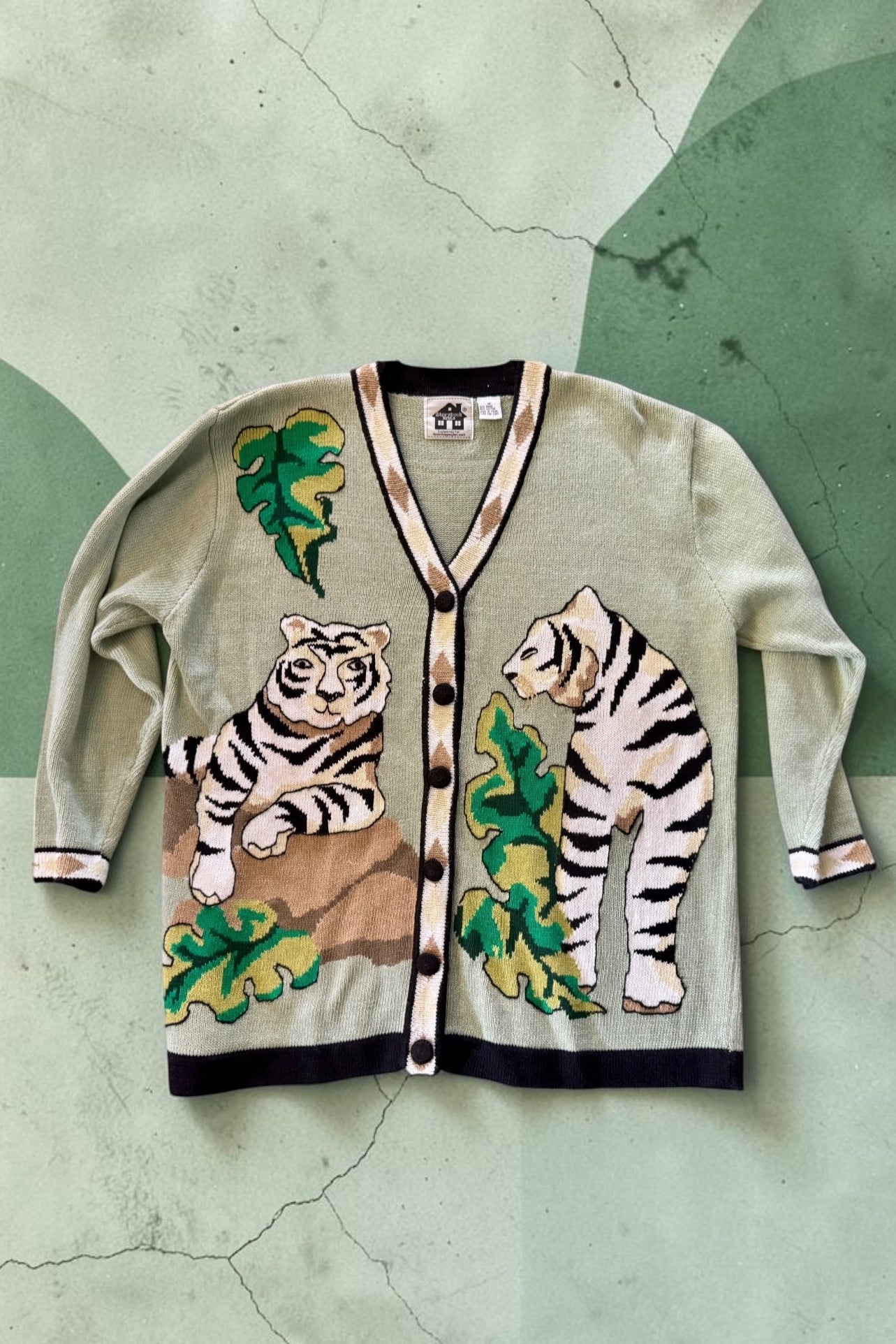 90s Storybook Knits Green Tiger Cardigan Sweater Big Cats