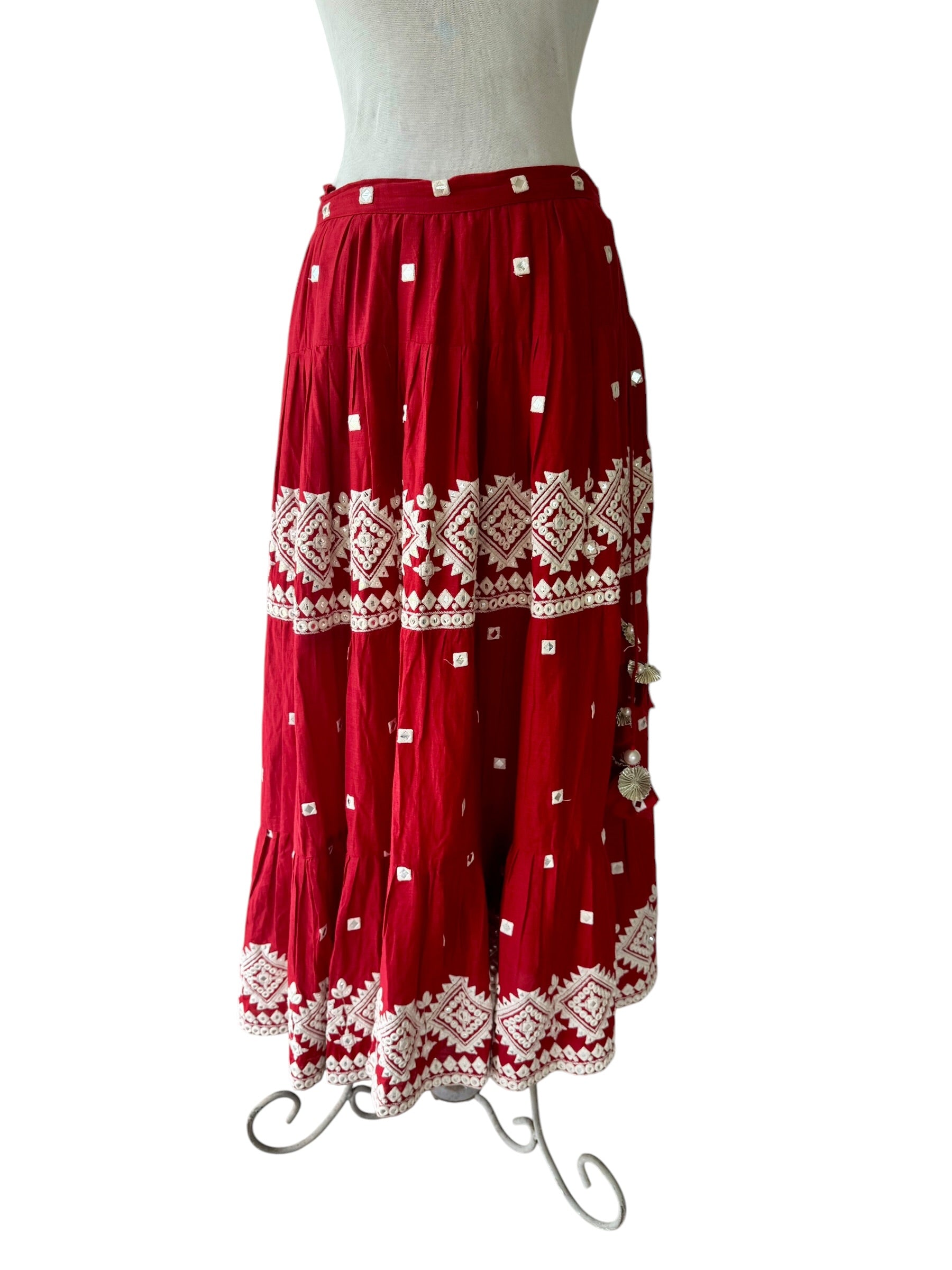 Red Embroidered Lehenga Mirror Work Indian Maxi Skirt Cotton