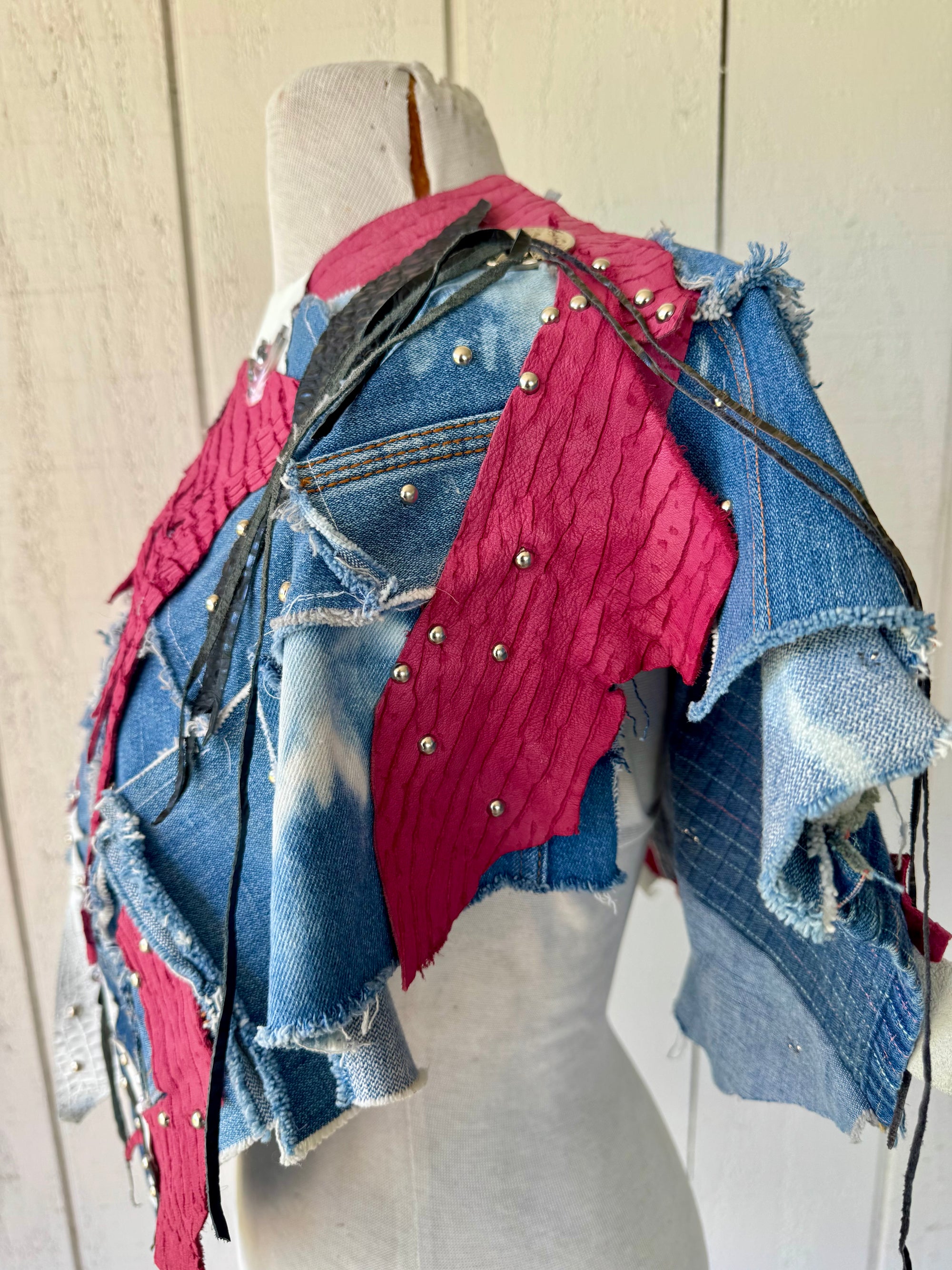 90s Patchwork Denim Poncho Handmade Studs Leather Art Wear