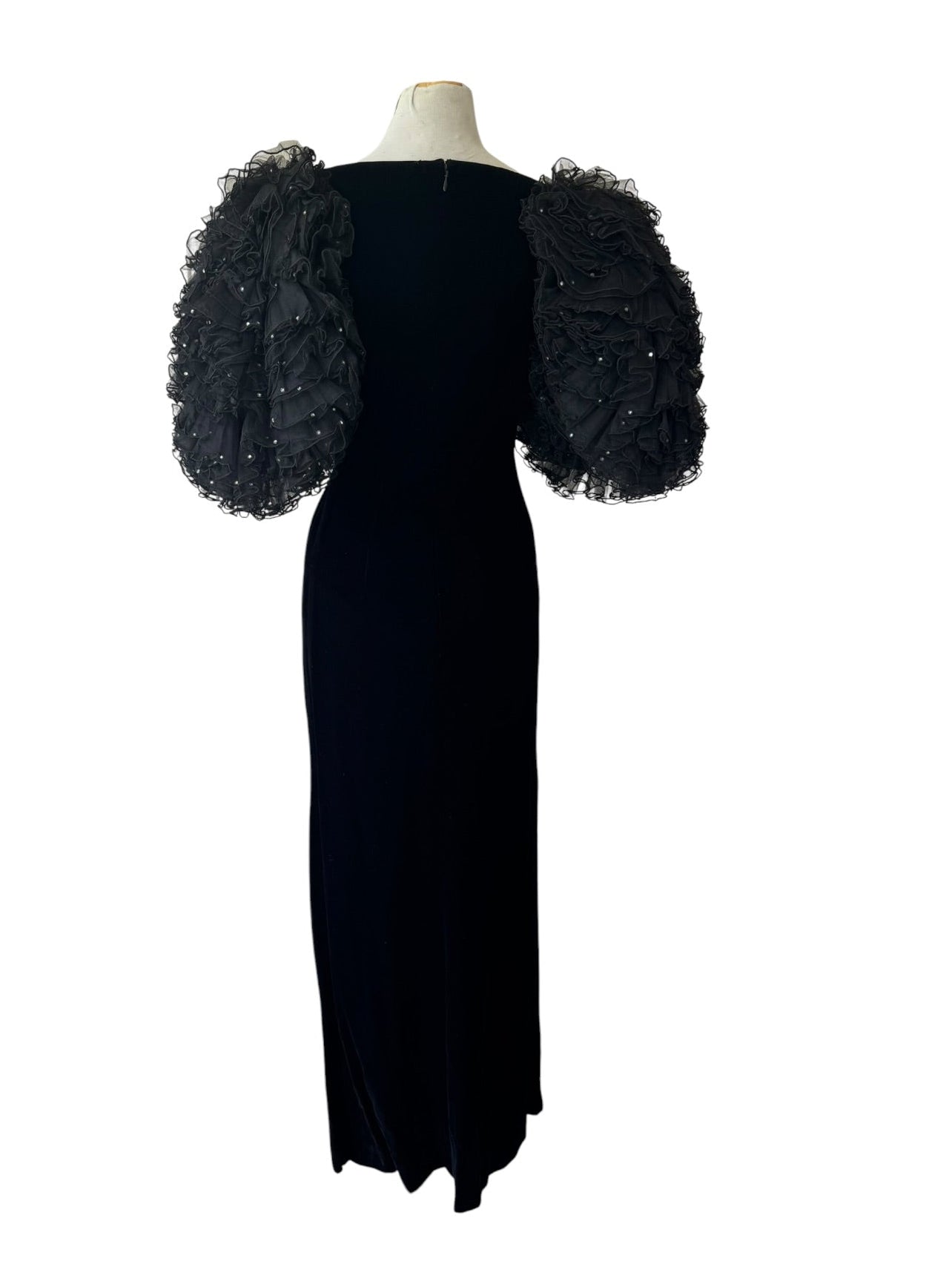 80s Oscar De La Renta Black Velvet Gown 8 Rhinestone Voluminous Sleeves NWT