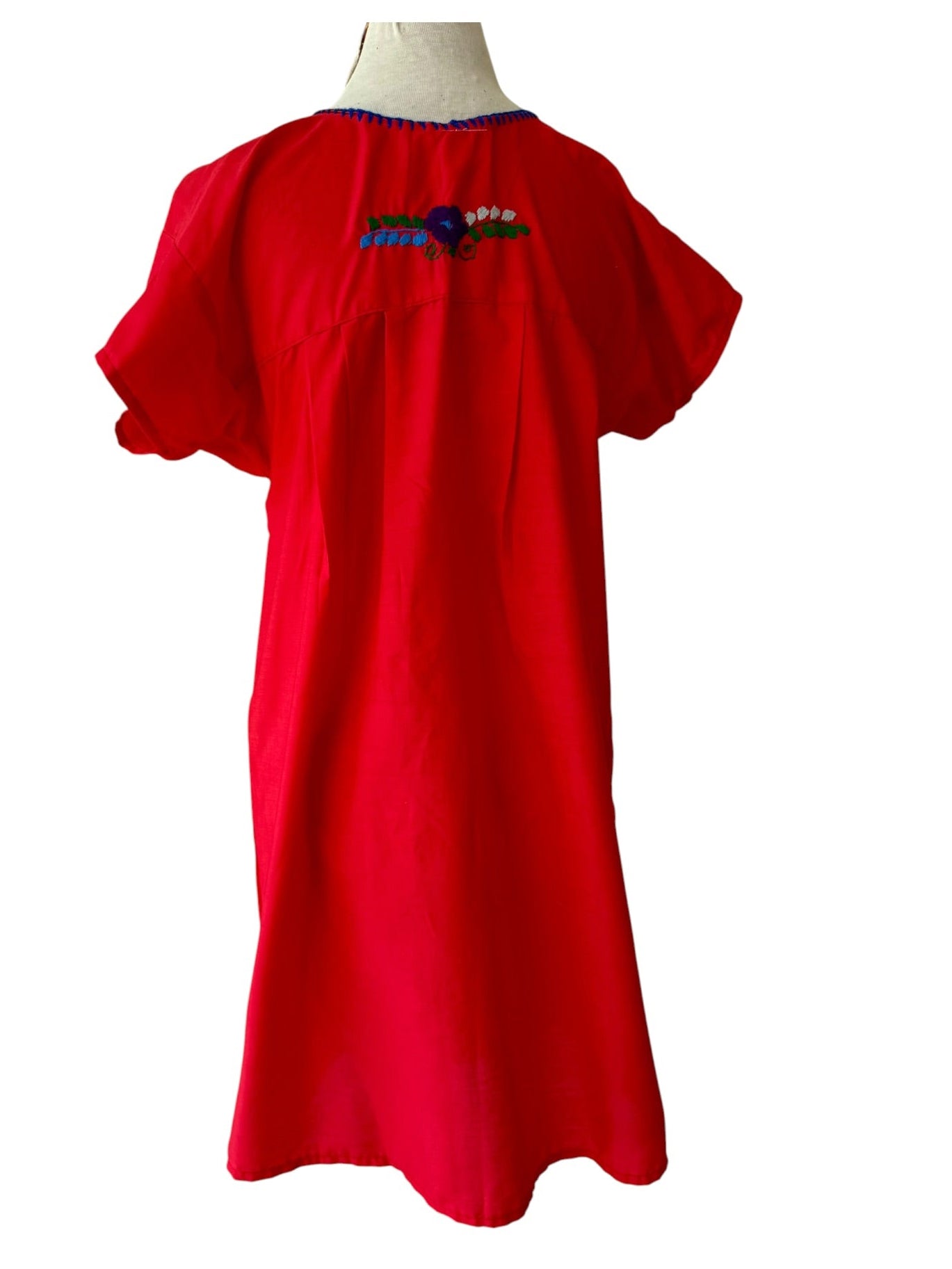 90s Mexican Oaxacan Hand Embroidered Floral Red Cotton Dress