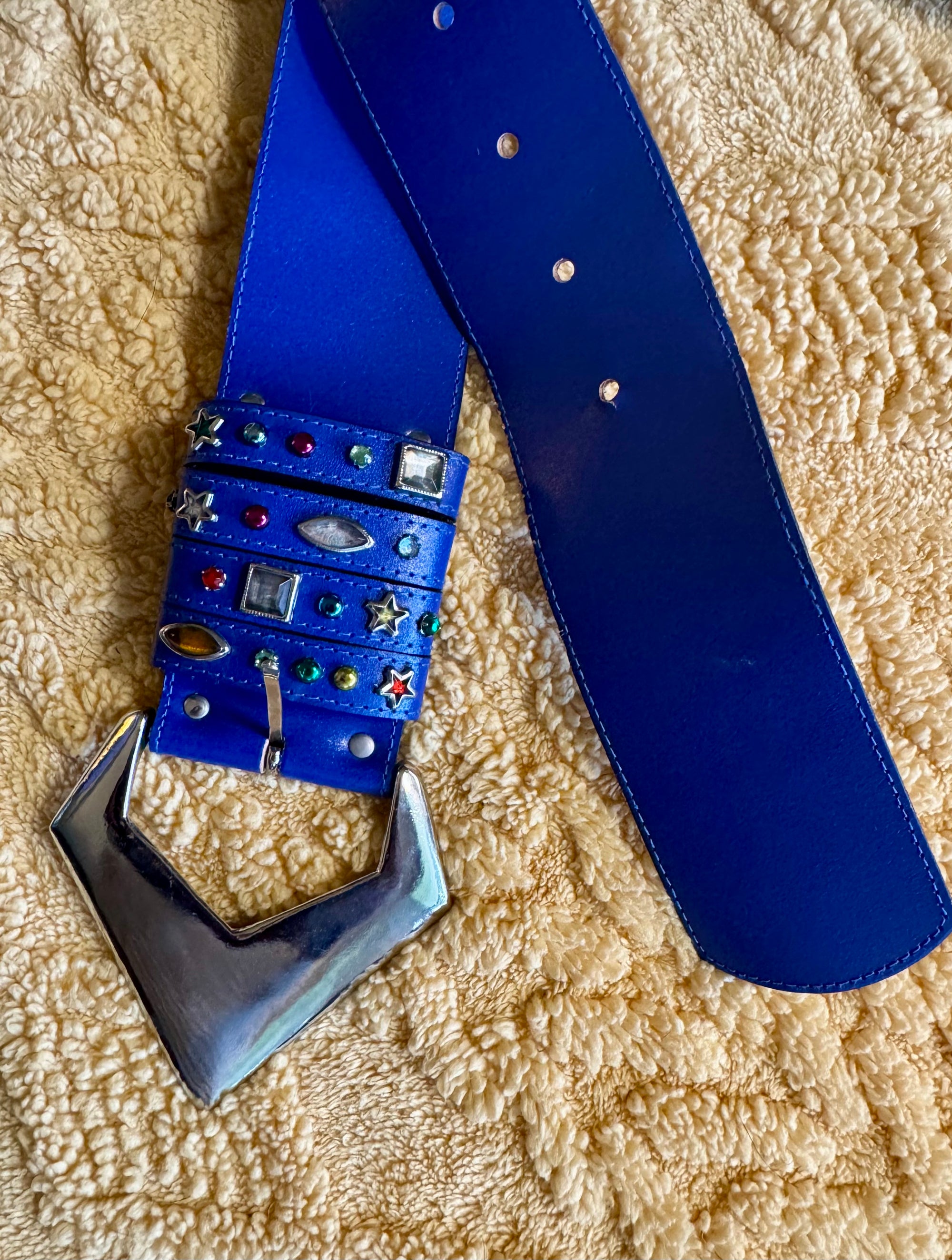 80s Periwinkle Leather Jeweled Statement Belt
