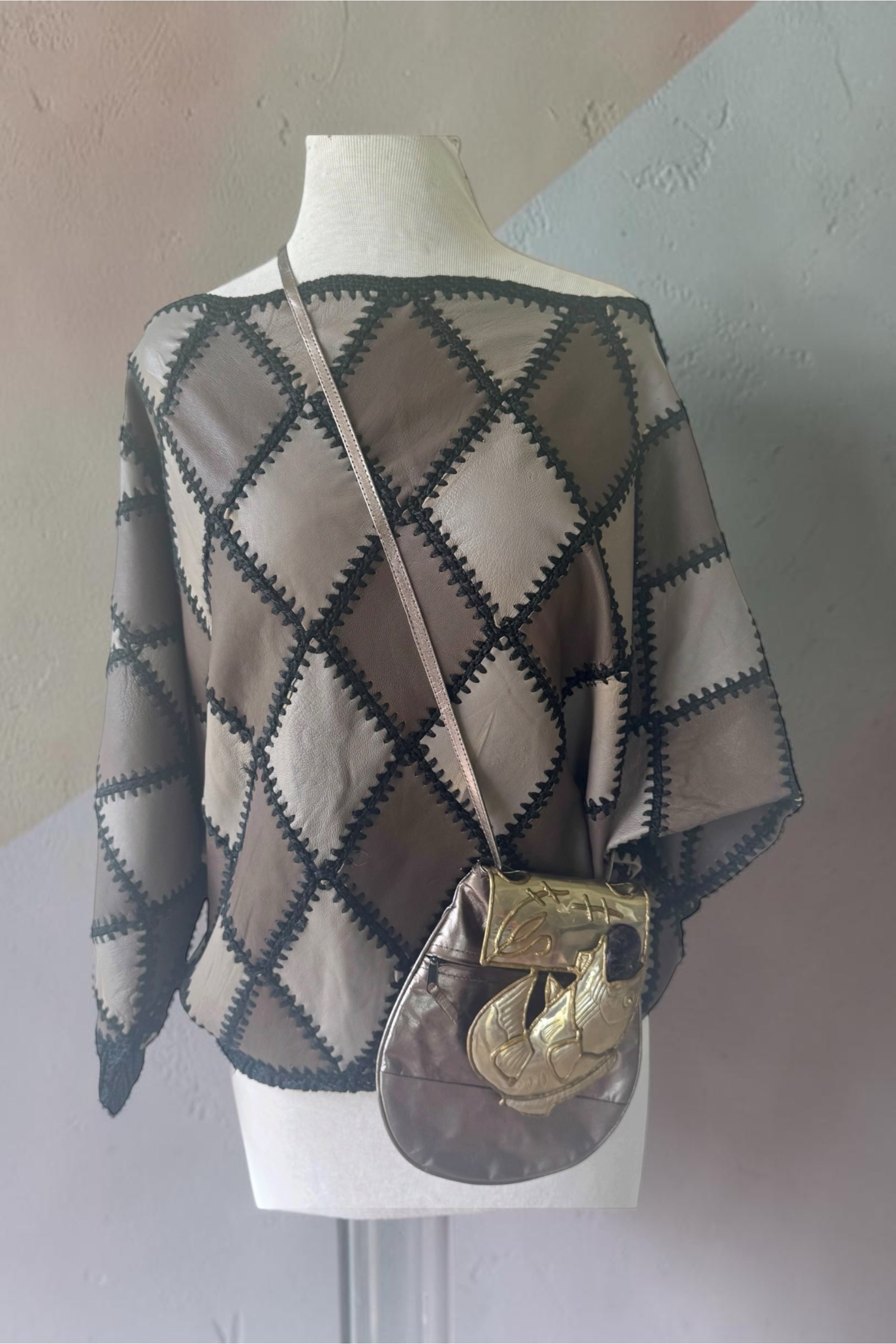70s Patchwork Leather Crochet Harlequin Sweater Handmade 80s