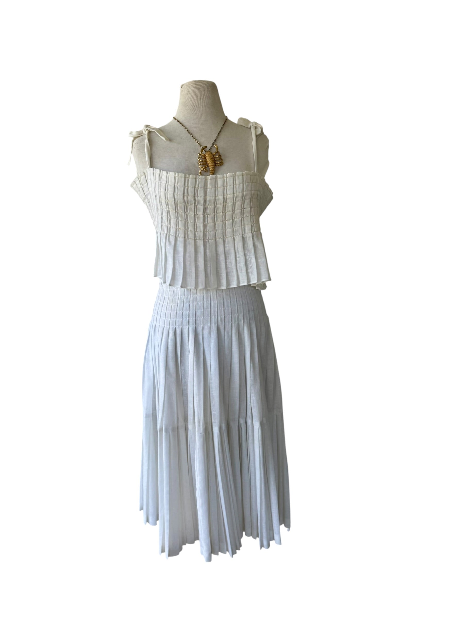70s White Gauze Pleated Skirt Set