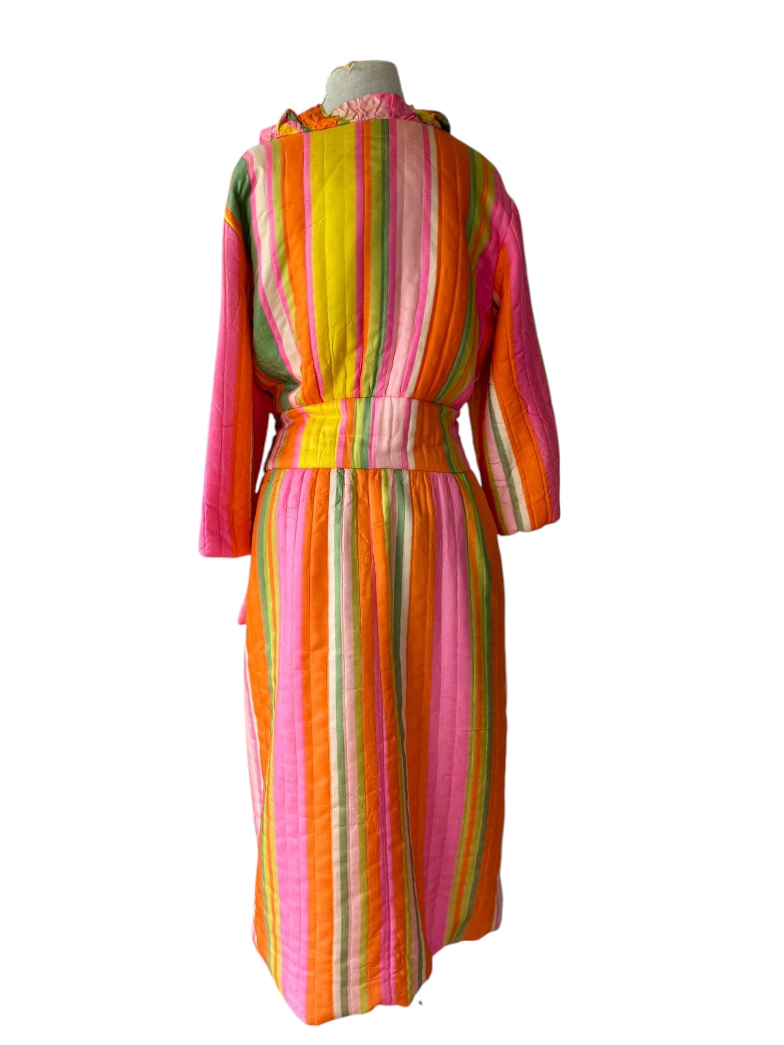 60s Jettecette Pink Stripe Quilted Robe Duster 70s