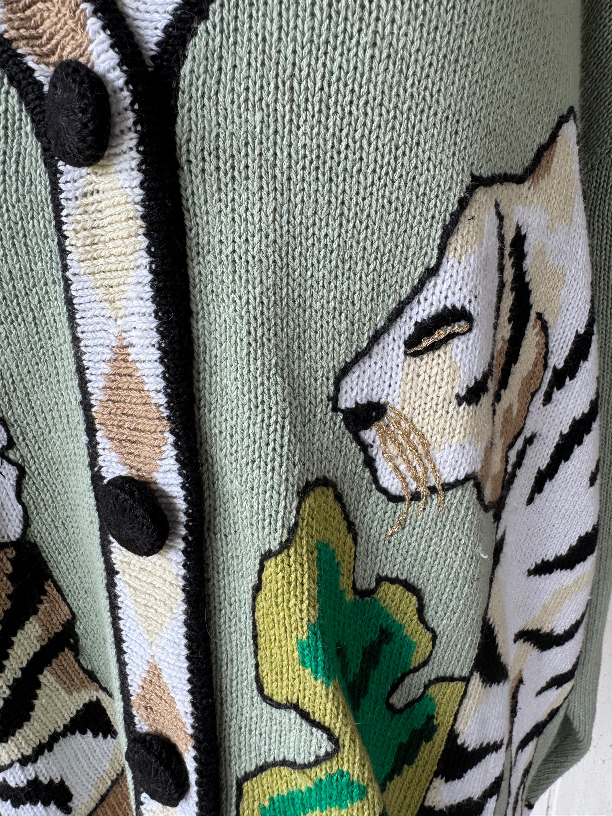 90s Storybook Knits Green Tiger Cardigan Sweater Big Cats