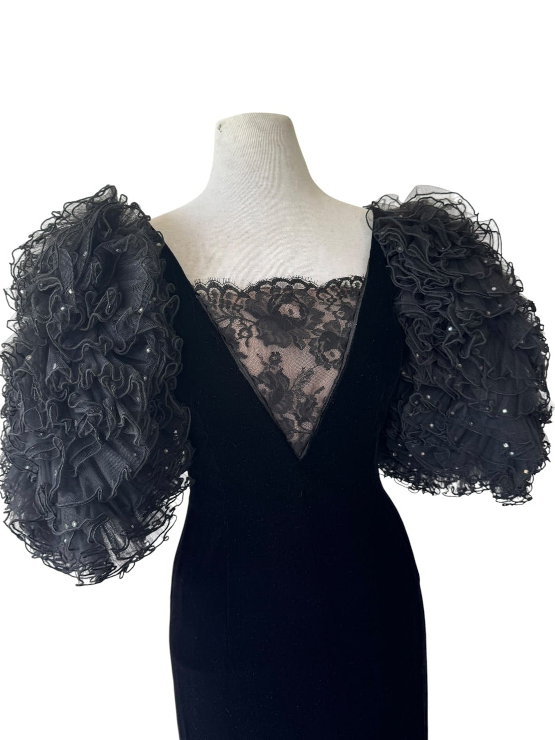 80s Oscar De La Renta Black Velvet Gown 8 Rhinestone Voluminous Sleeves NWT