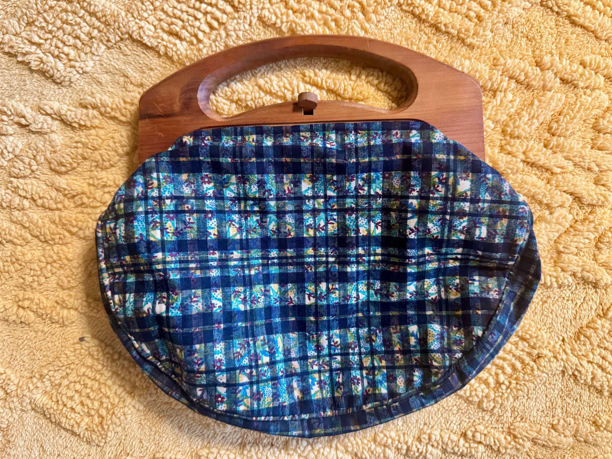 60s H A &E Smith Bermuda Bag Floral Plaid Batik Cedar Handle