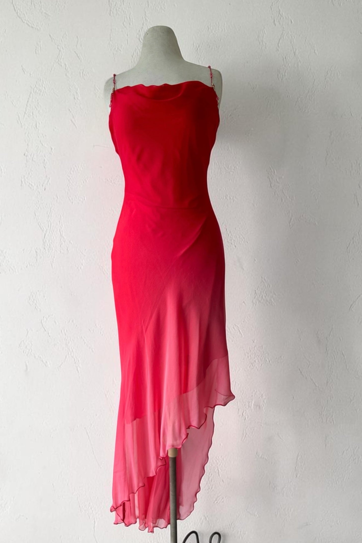 Y2K Cache Red Ombré Cowl Silk Asymmetrical Beaded Dress Sz 6 Whimsy 90s