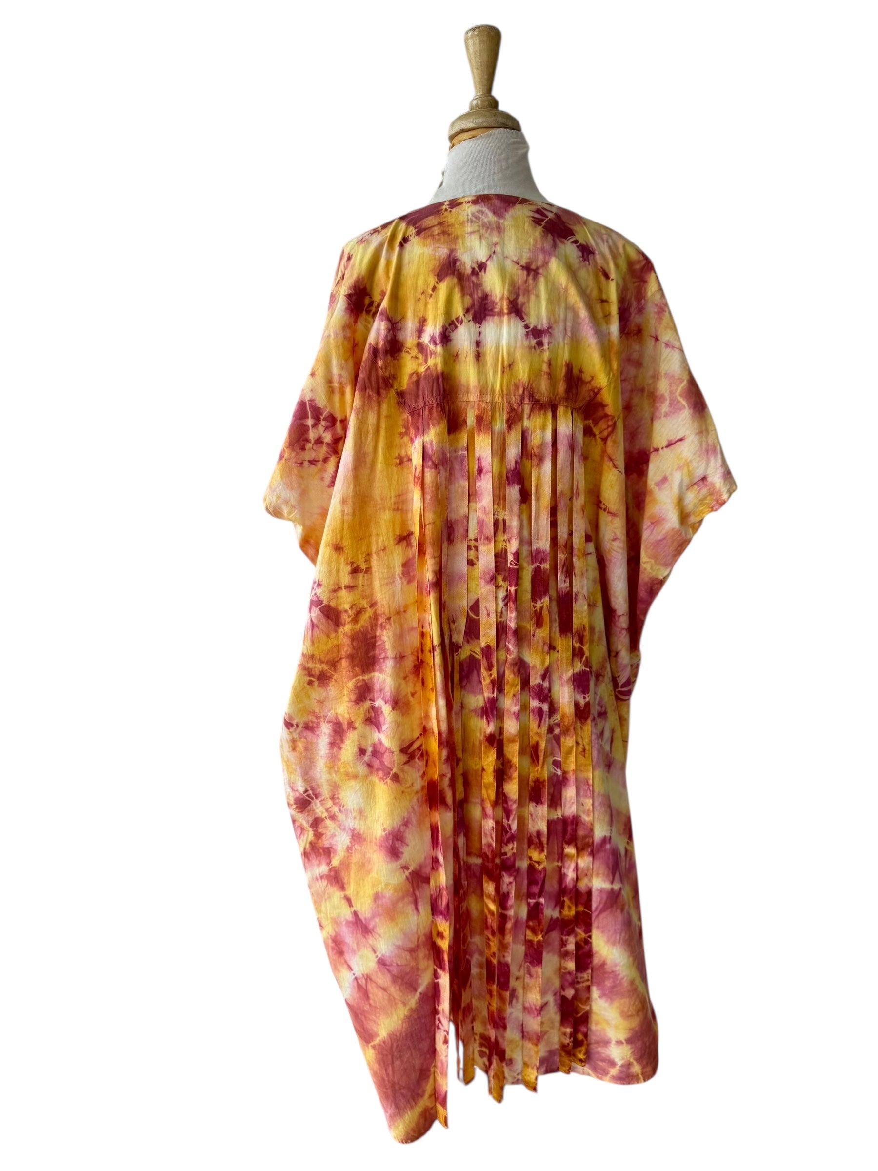 80s Paco Silva Batik Fringe Caftan Dress Tie Dye