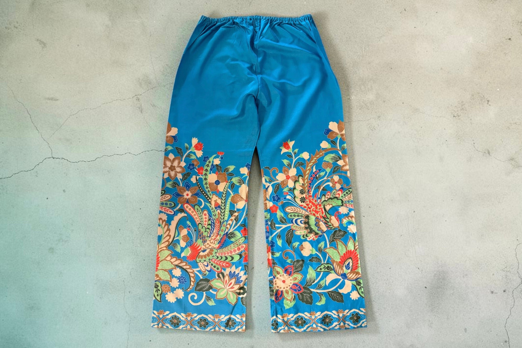 80s Teal Asian Floral Pongee Wide Leg Palazzo Ankle Pants Lounge