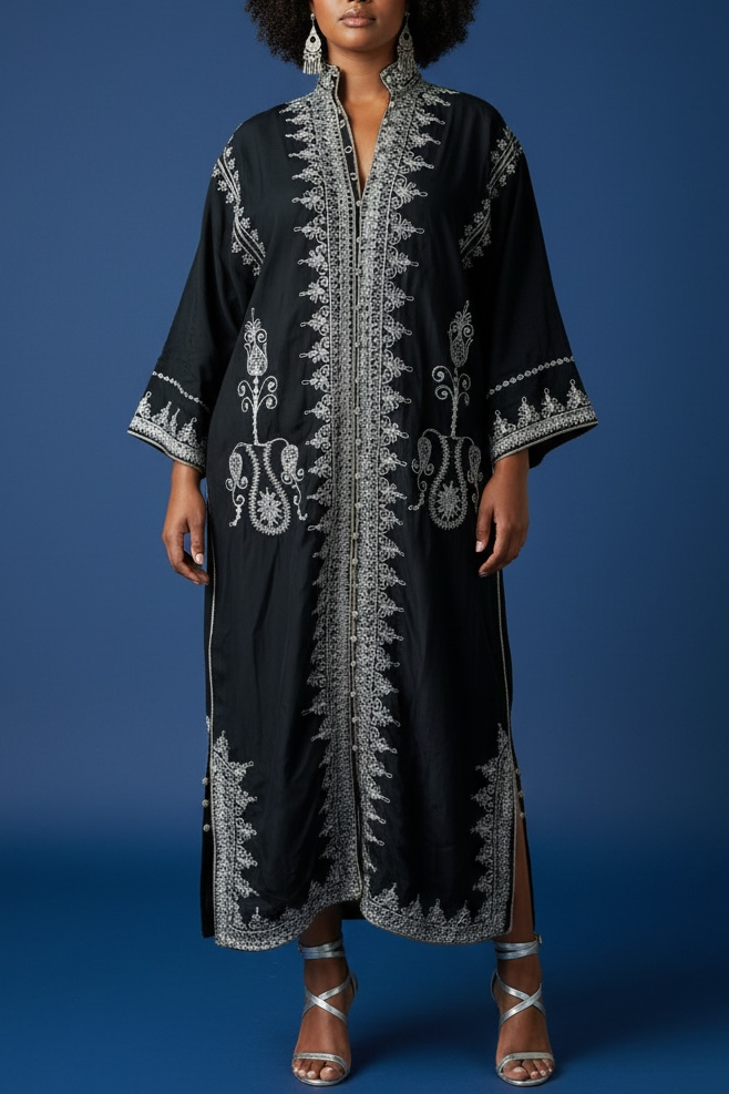 70s Moroccan Black Kaftan Silver Embroidery Dress Bell Sleeve Archival Robe