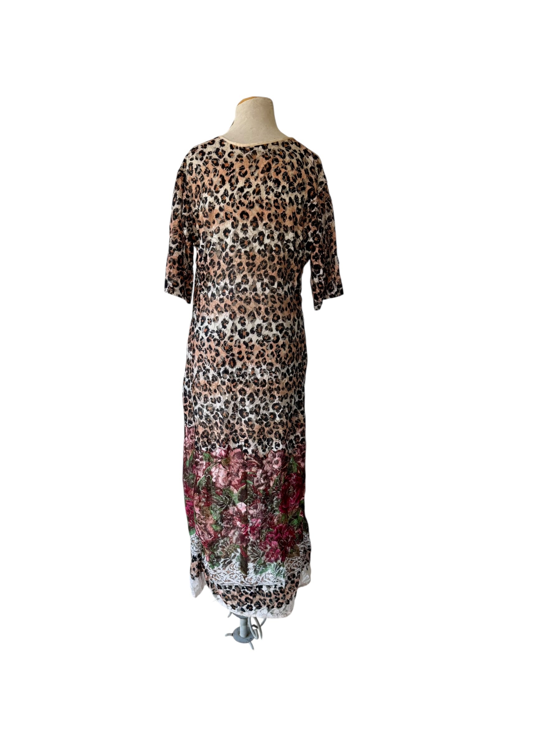 90s LOLA P Leopard Floral Lace Sheer Maxi Dress Y2k