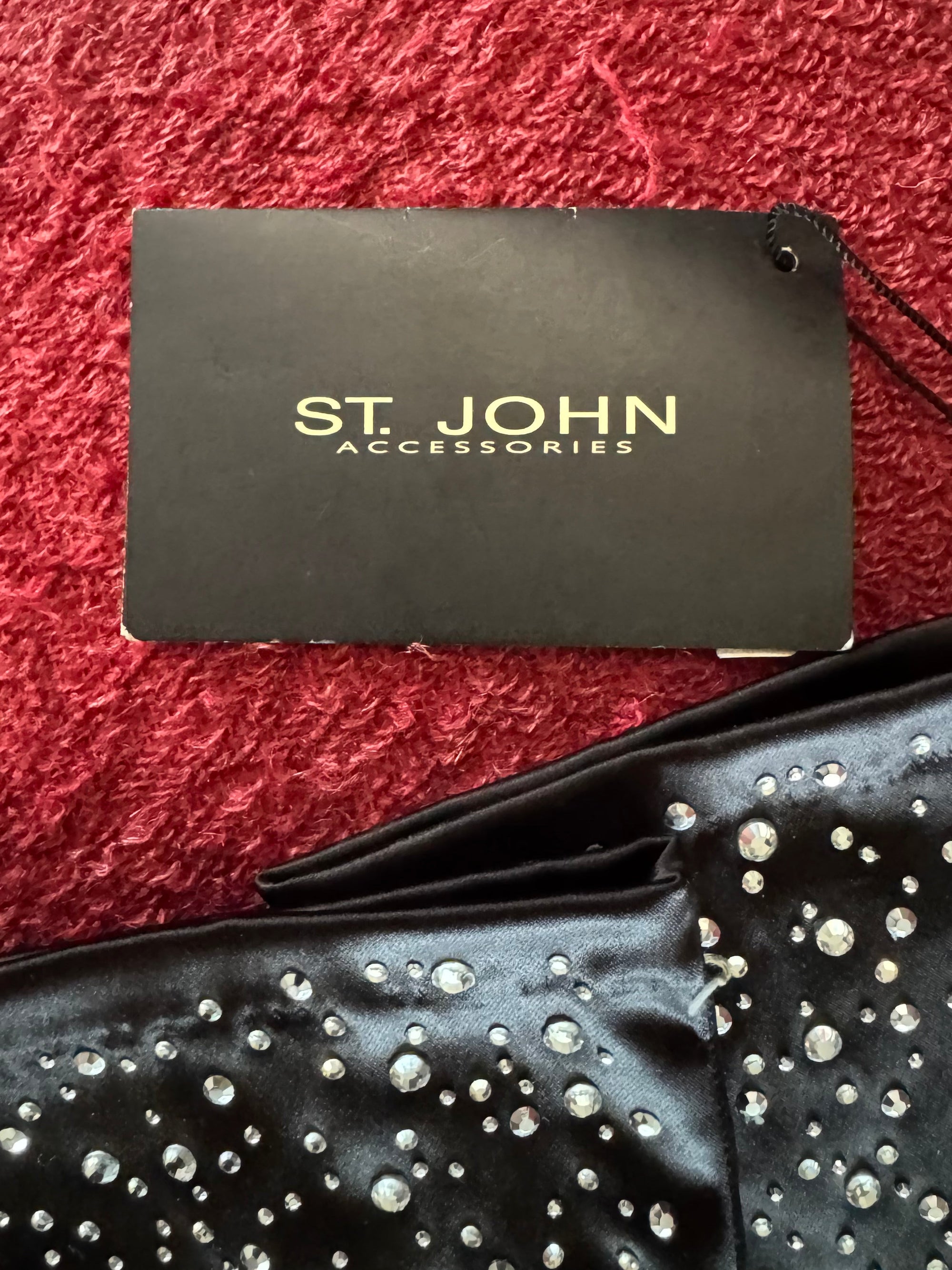 90s St John Black Satin Opera Length Gloves Rhinestones Sz 7 Formal NWT