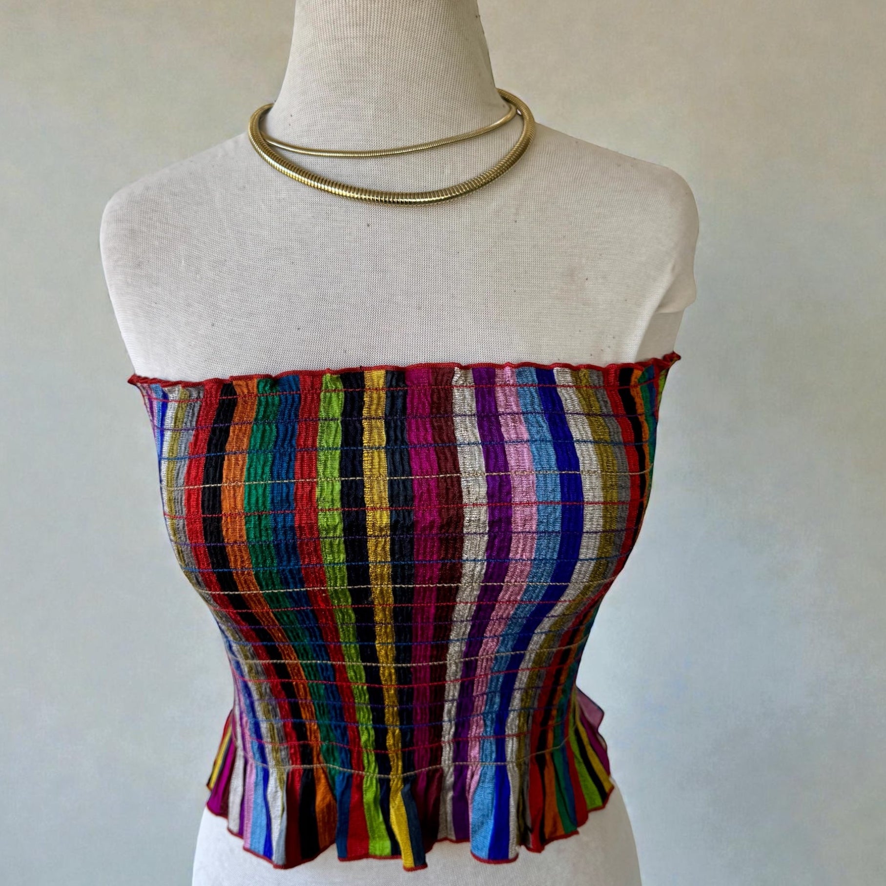 70s Ray Strauss Raw Silk Rainbow Stripe Tube Top
