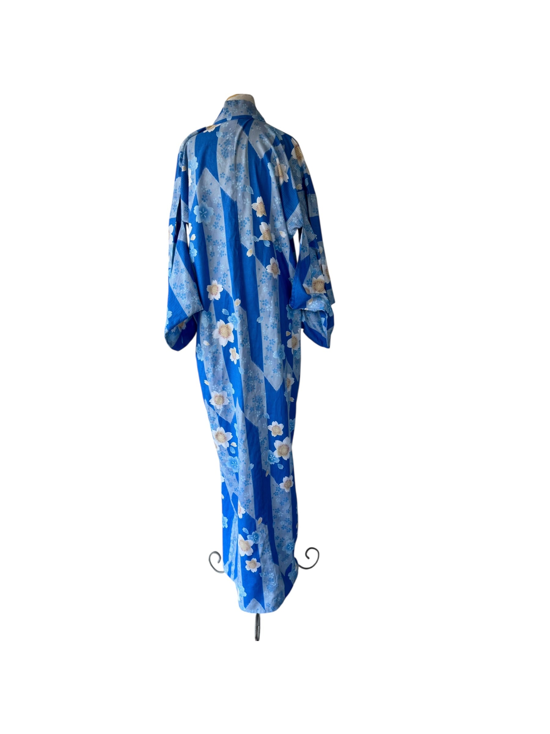 70s Cherry Blossom Kimono Robe Blue Floral Yukata