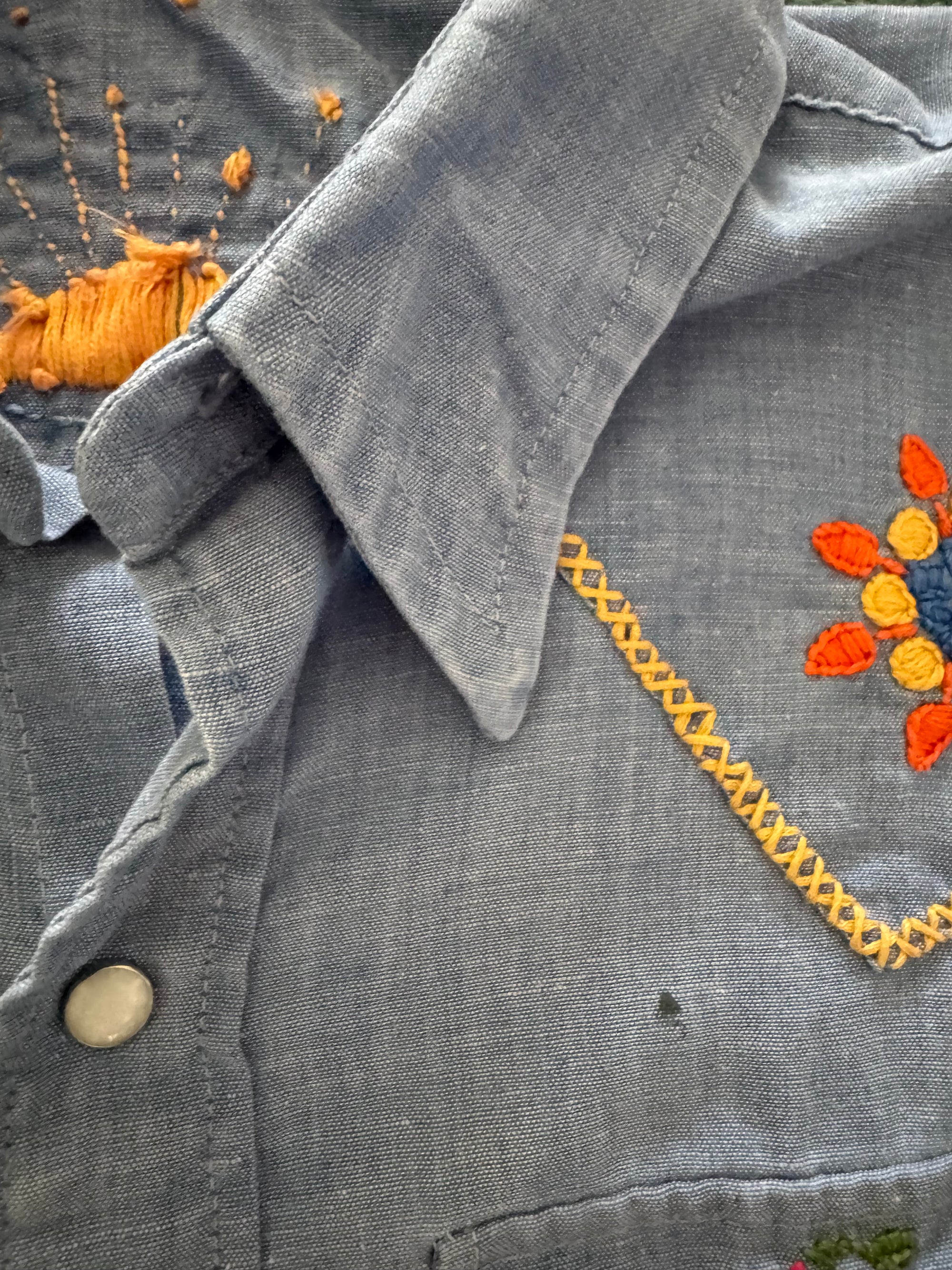 70s Sears Embroidered Chambray Pearl Snap Shirt