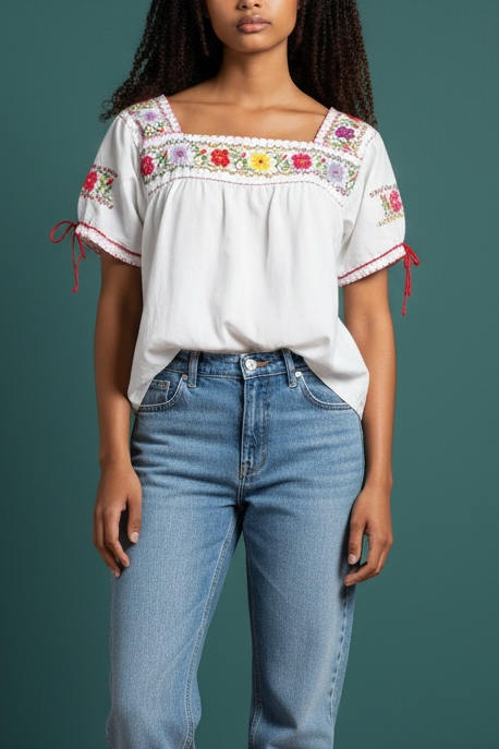 70s Mexican Oaxacan Embroidered Floral Puebla Top