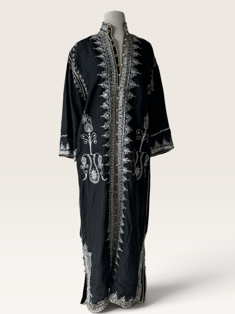 70s Moroccan Black Kaftan Silver Embroidery Dress Bell Sleeve Archival Robe