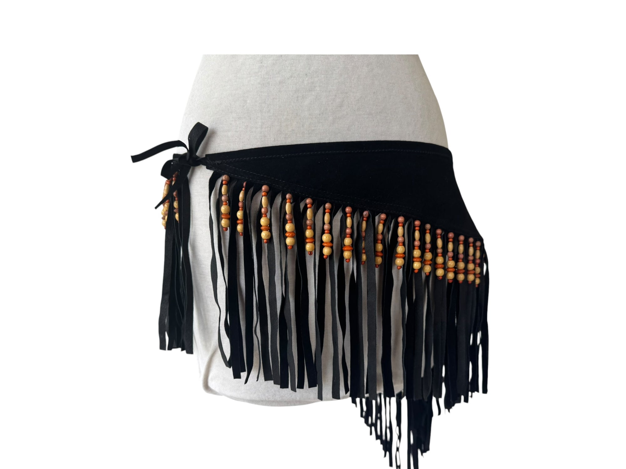 90s Braefair Black Suede Beaded Fringe Leather Capelet Collar OS Boho