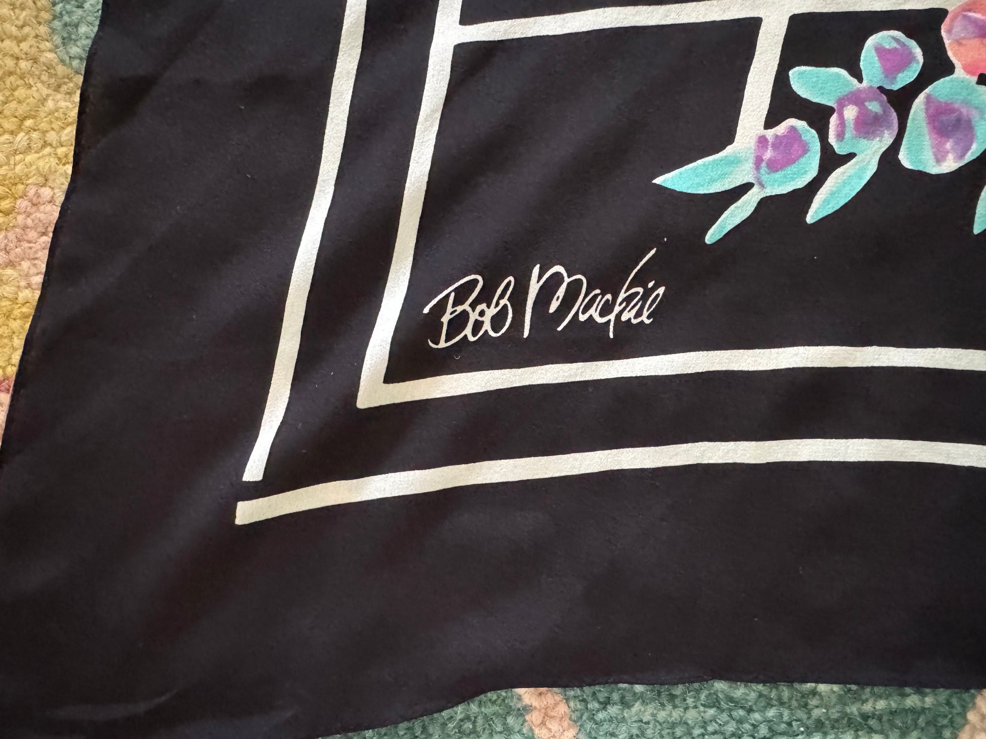 90s Bob Mackie Silk Scarf Colorful Goddess Face Floral 32x35