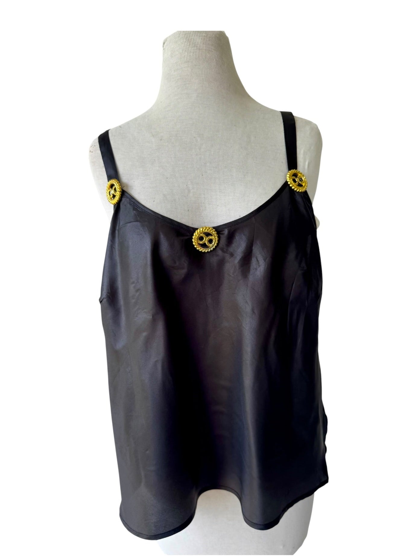 90s Black Satin Tank Gold Beaded Accents