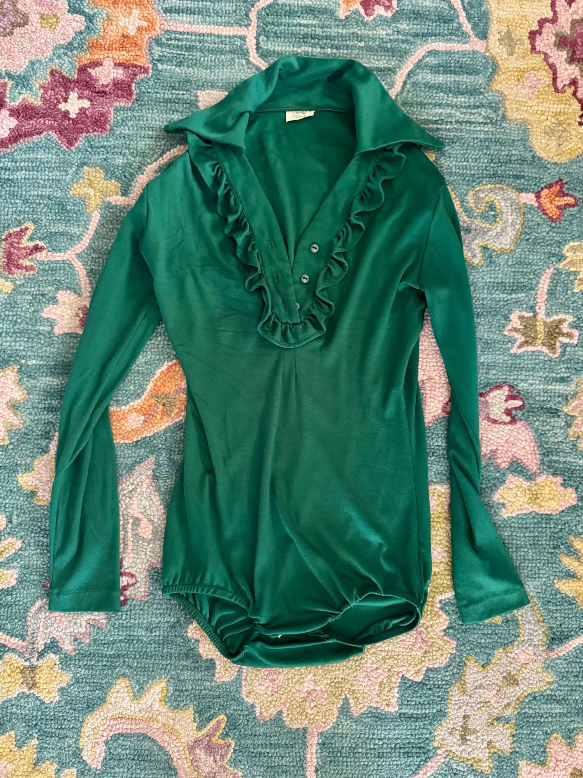 70s Enkalure Green Ruffle Bodysuit Sz M Dagger Collar