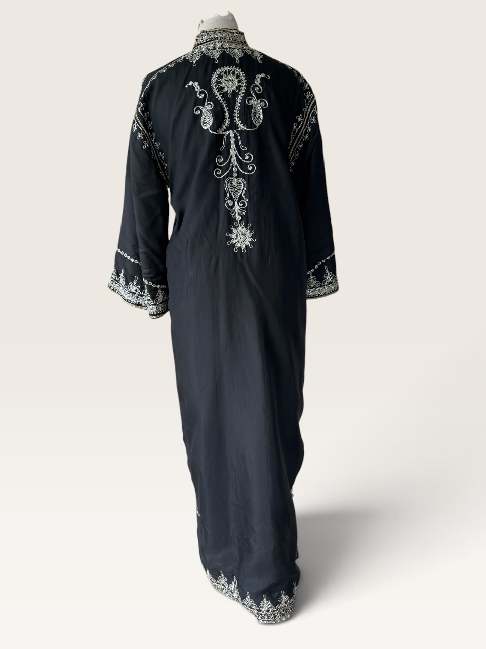 70s Moroccan Black Kaftan Silver Embroidery Dress Bell Sleeve Archival Robe