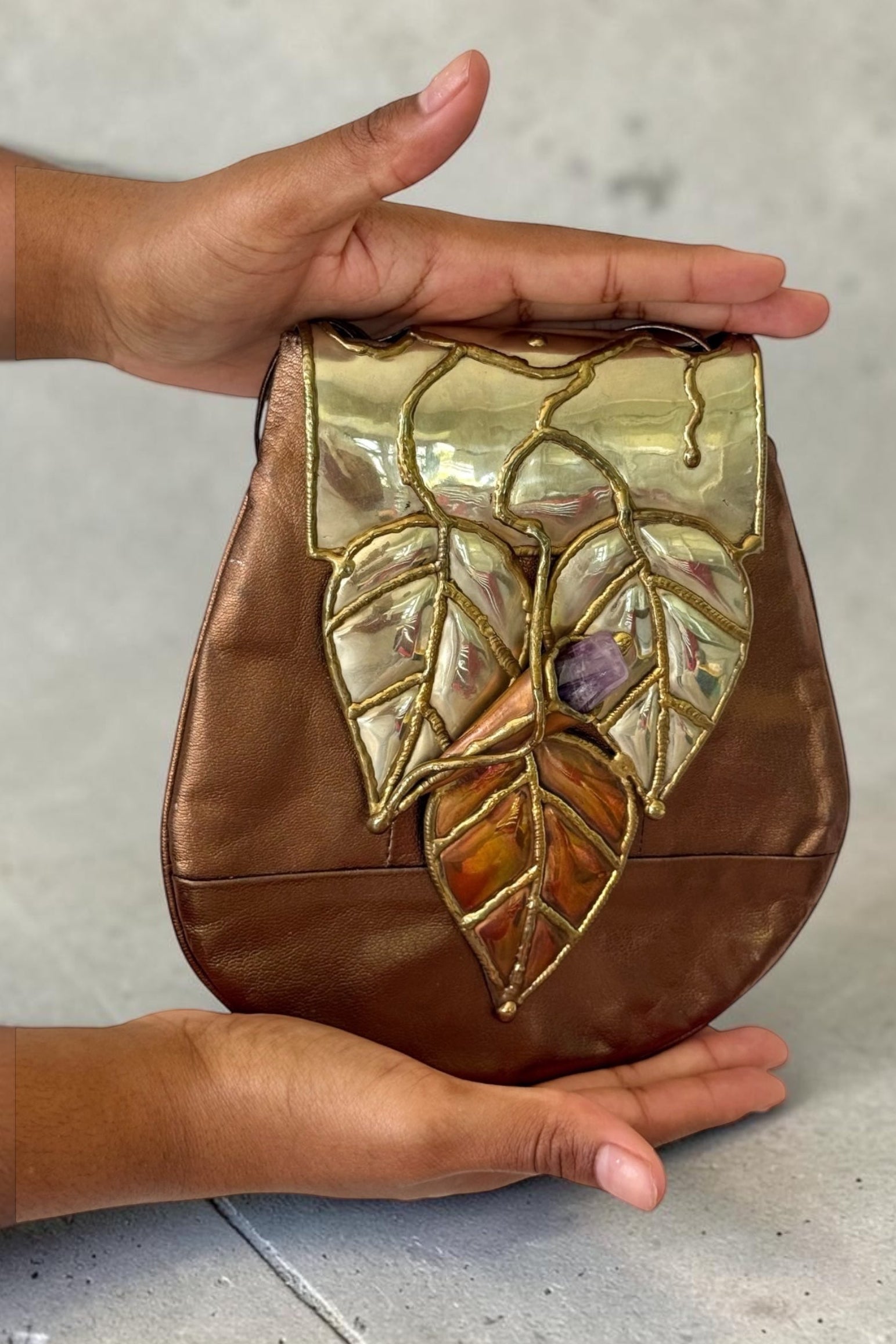 70s Brutalist Sculptural Brass Copper Pewter Gemstone Leather Crossbody Bag