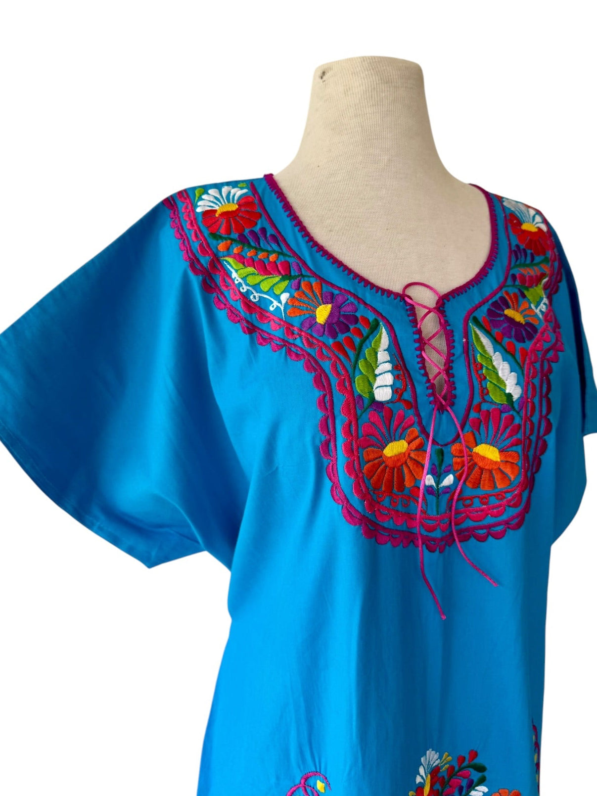 Mexican Oaxacan Hand Embroidered Floral Blue Cotton Dress