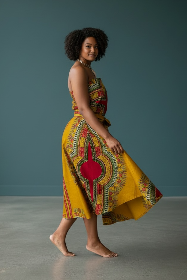 Ankara Java Block Print Strapless Dress