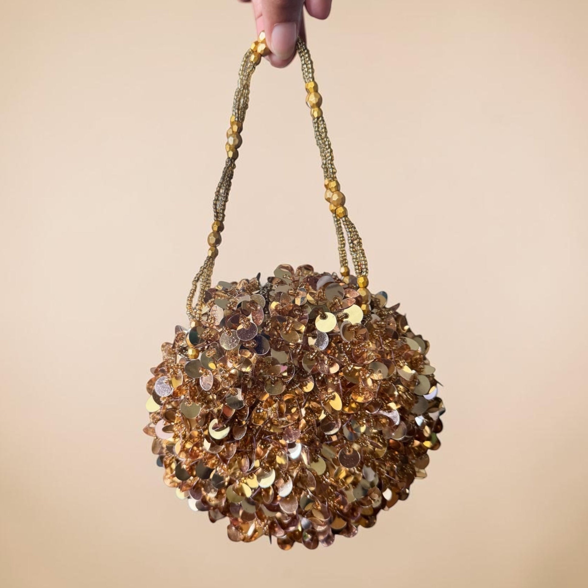 90s Bijoux Terner Gold Beaded Sequin Round Evening Bag Clutch
