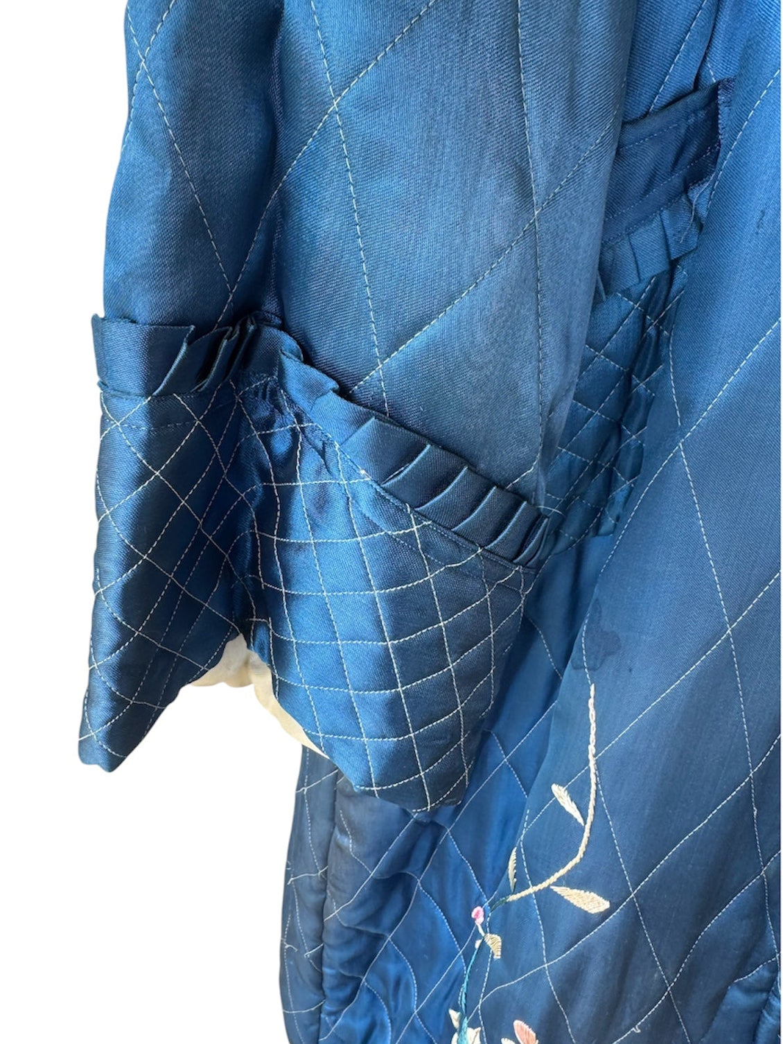 50s Silk Floral Hand Embroidered Quilted Robe Royal Blue Kimono