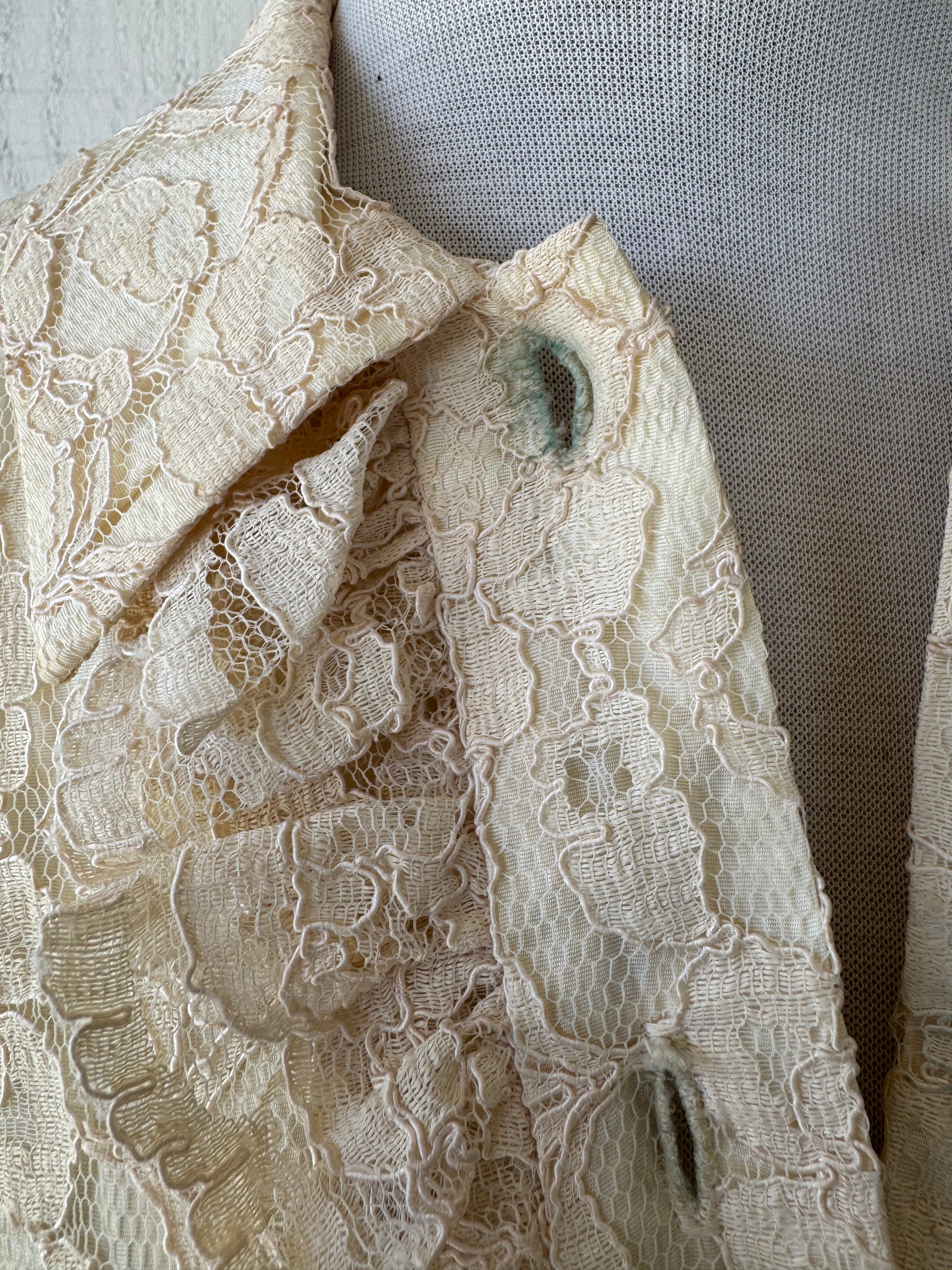 60s Samuel Grossman Ivory Lace Ruffle Maxi Shirt Dress